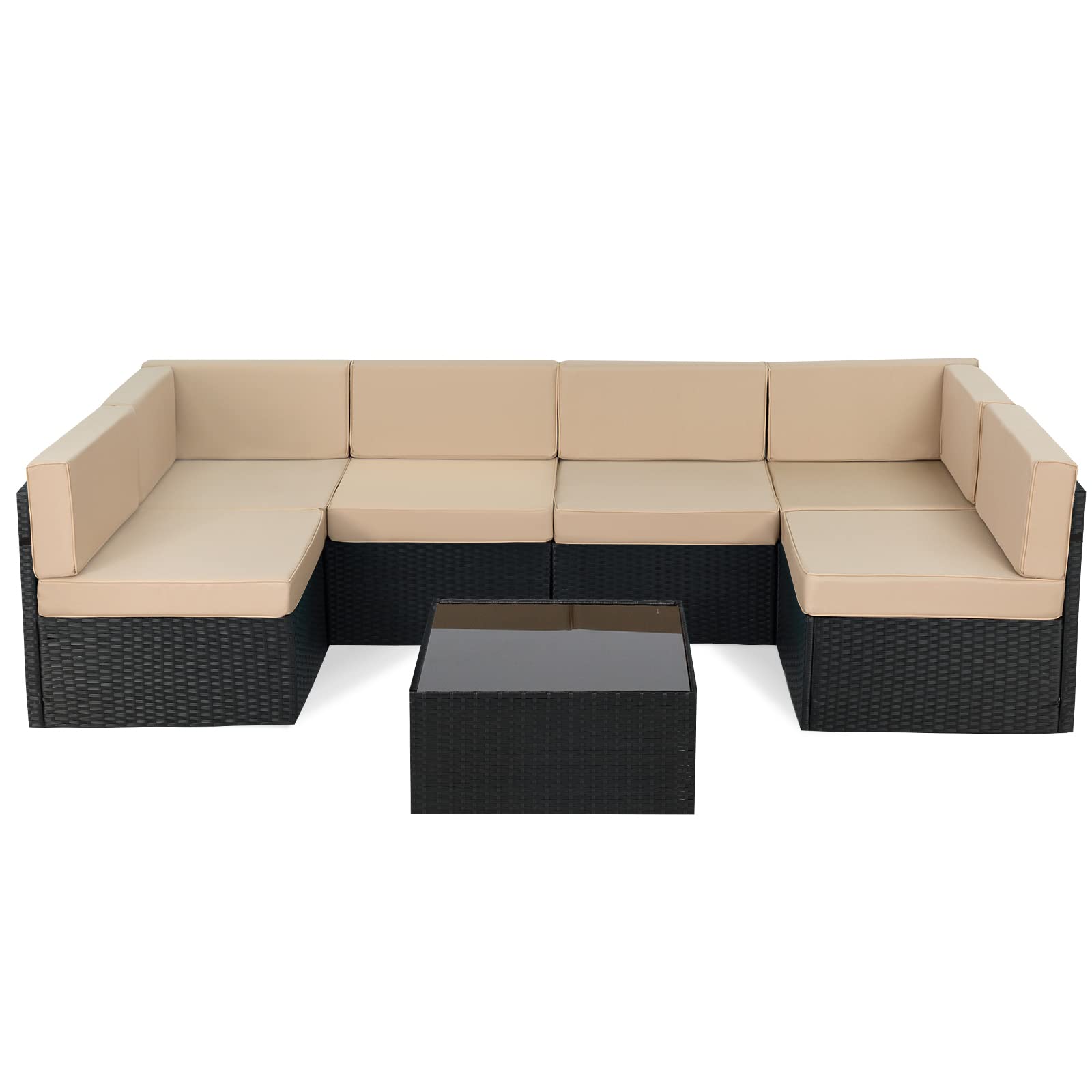 AECOJOY 7-Piece Outdoor Patio Furniture Set - PE Rattan Sectional Sofa with Coffee Table, Khaki Cushions & Black Frame - Perfect for Garden, Backyard, Poolside & Outdoor Entertaining