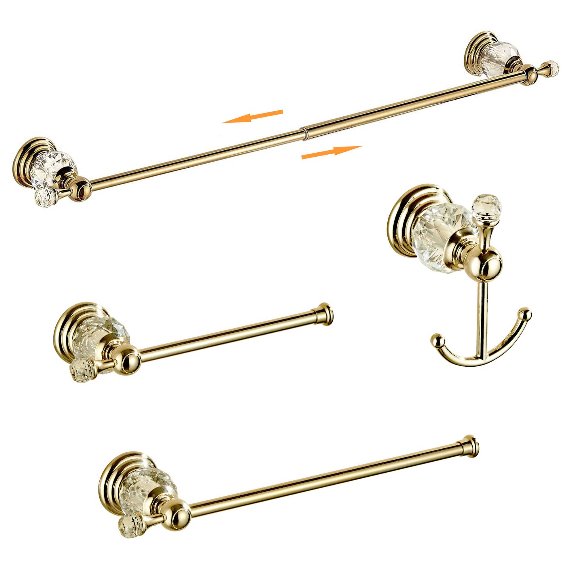 Premium Gold Crystal Bathroom Hardware Set - Adjustable Towel Rack, Toilet Paper Holder, Hand Towel Ring & Wall Hooks - Elegant Wall Mounted Bathroom Accessories for Modern Homes, Hotels & Luxury Spaces