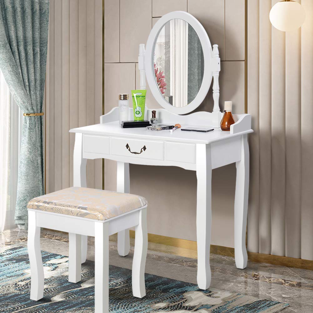 360° Rotating Vanity Set with Mirror & Cushioned Stool - White Wooden Makeup Dressing Table with Drawers for Bedroom | Perfect for Makeup, Skincare & Hair Styling