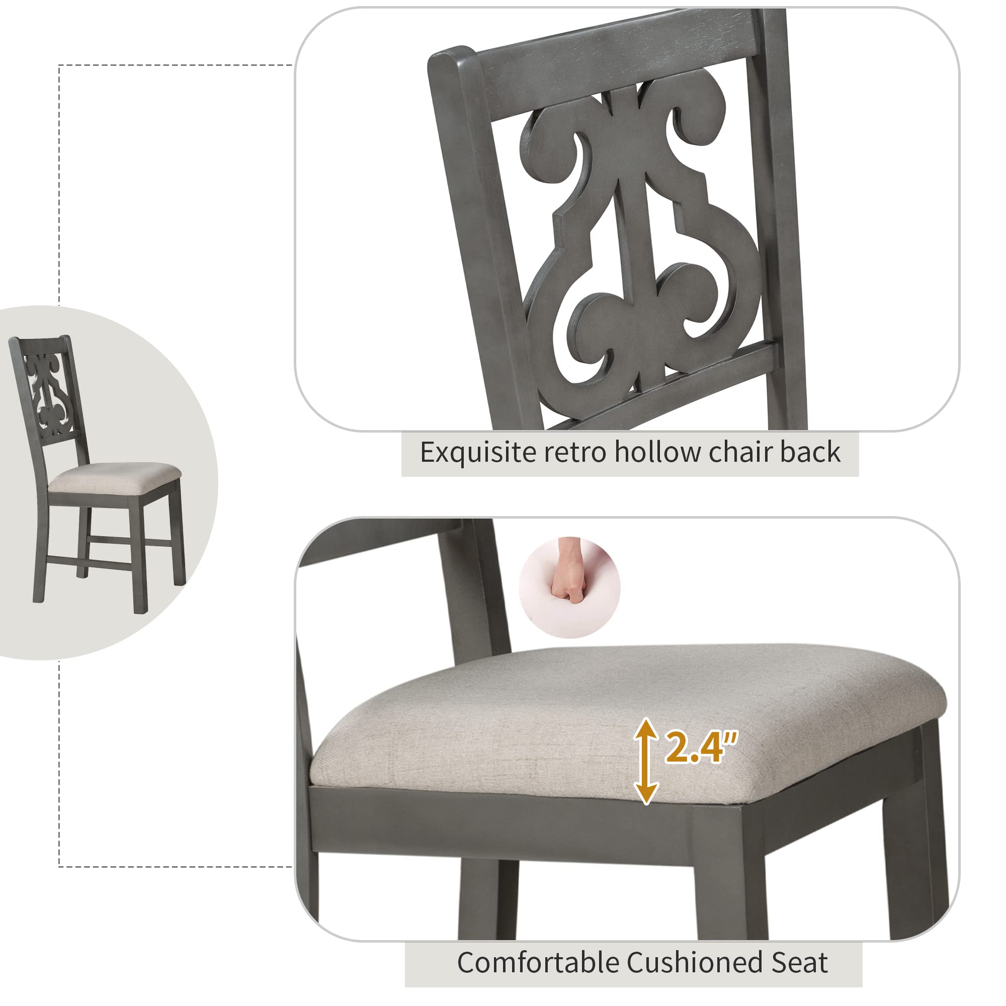 Polibi 5-Piece Round Wooden Dining Table Set with Unique Shaped Legs & 4 Elegant Hollow Back Chairs - Gray Modern Kitchen & Dining Room Furniture for Family Gatherings & Dinner Parties