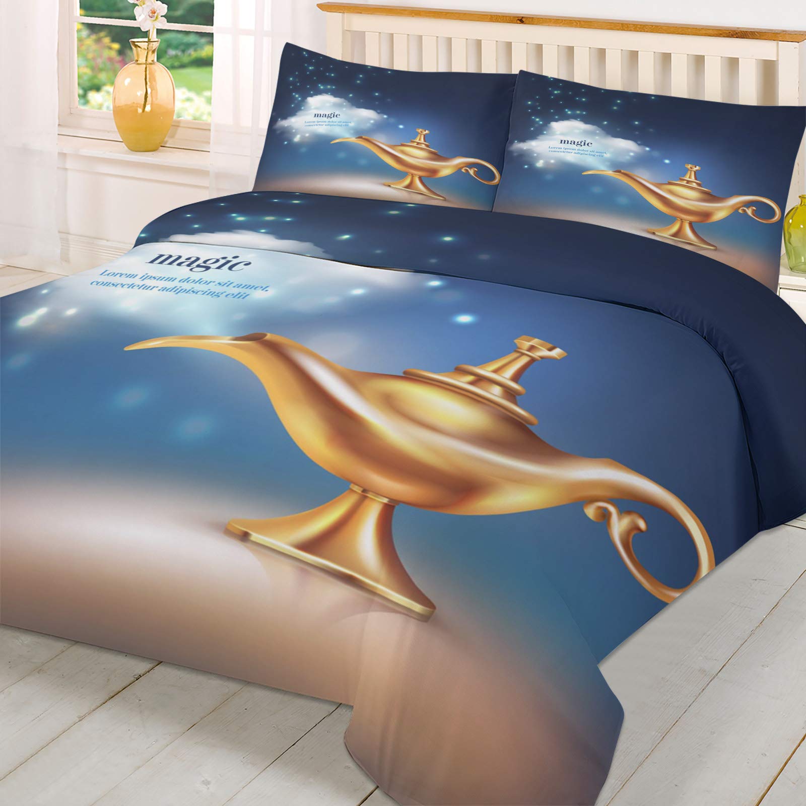**3-Piece Aladdin Golden Magic Lamp Duvet Cover Set with White Smoke Design - Twin Size, Soft & Breathable, Zipper Closure, Includes 2 Pillow Shams - Perfect for Kids' Bedrooms, Themed Decor, and Cozy Sleep**