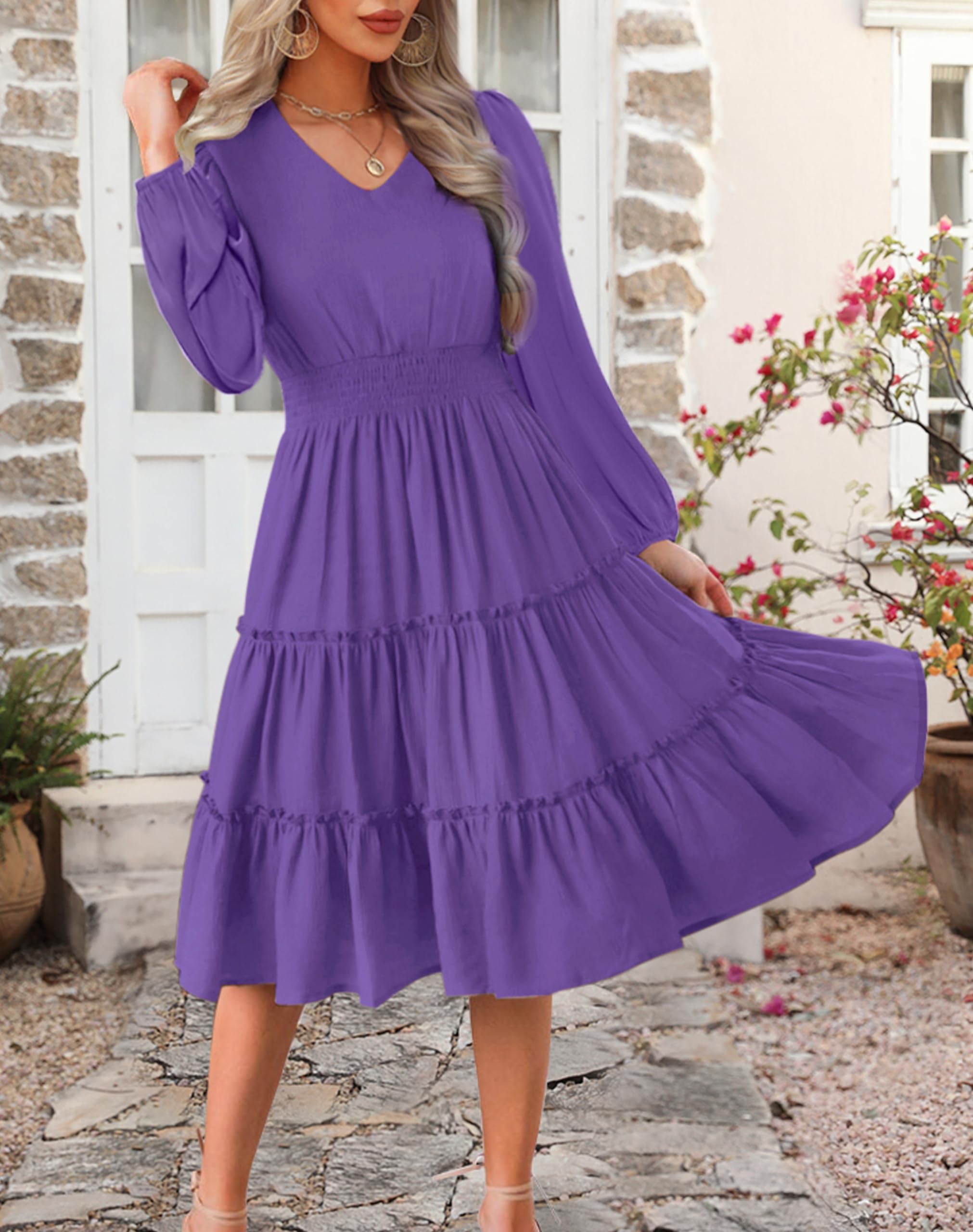 Zattcas Women's 2025 Spring Summer Flowy V-Neck Smocked Waist A-Line Tiered Midi Dress - Casual Work Office Wear, Beach Vacation, Date Night & Special Occasions