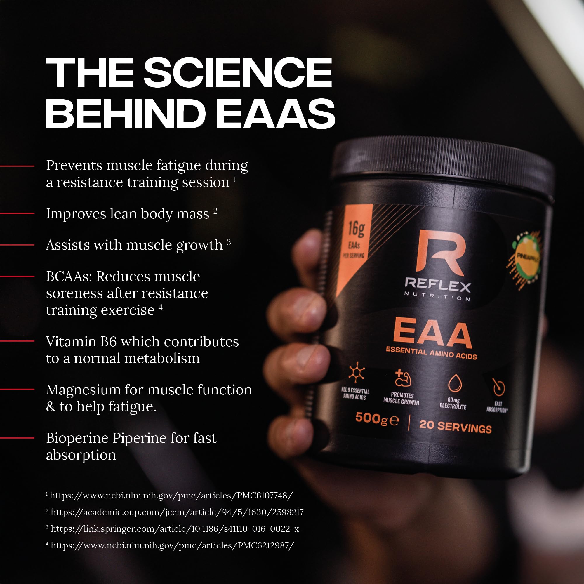 Reflex Nutrition EAA - Complete Essential Amino Acids Powder with BCAAs, Vitamin B6 & Electrolytes - 16g EAAs per Serving for Muscle Growth, Recovery & Endurance - Mango Flavor (500g, 20 Servings) - Perfect for Post-Workout, Gym Training & Athletic Performance