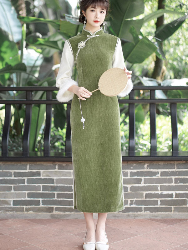 Elegant Green Chenille Winter QiPao Cheongsam Dress for Women - Vintage Chinese Style Evening Gown - Perfect for Holiday Parties, Weddings & Special Occasions