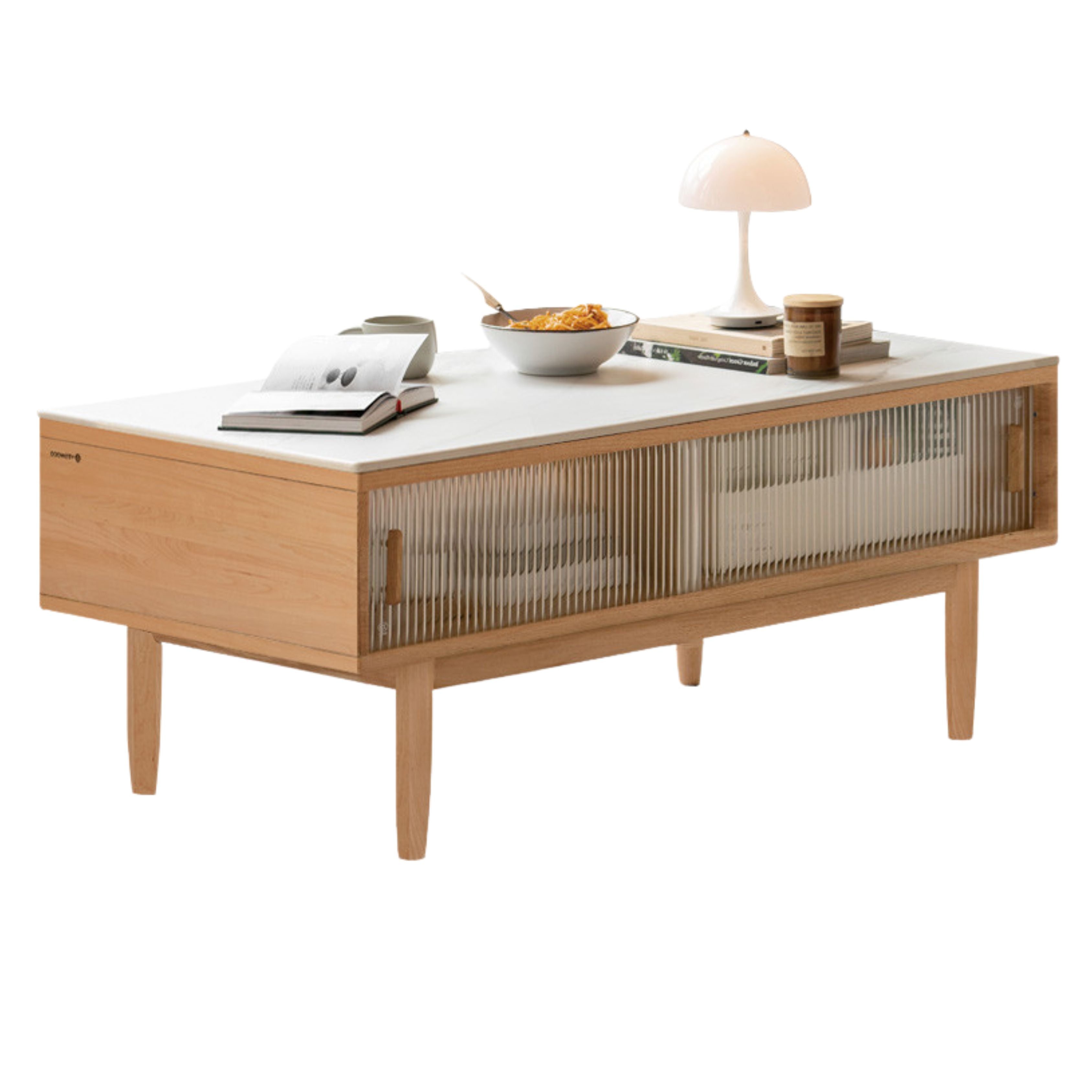 Solid Oak and Beech Wood Coffee Table with Glass Doors - Modern Living Room Furniture for Home Decor and Entertainment