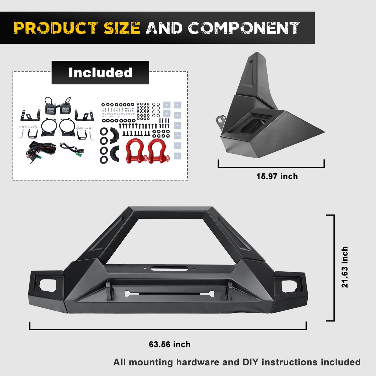 Hawkley Rock Crawler Full Width Front Bumper with LED Lights, D-Rings & Winch Plate - Compatible with Jeep Wrangler JK (2007-2018), JL (2018-2025) & Gladiator JT (2020-2025) - Heavy Duty Off-Road Protection for Trail Riding & Rock Crawling