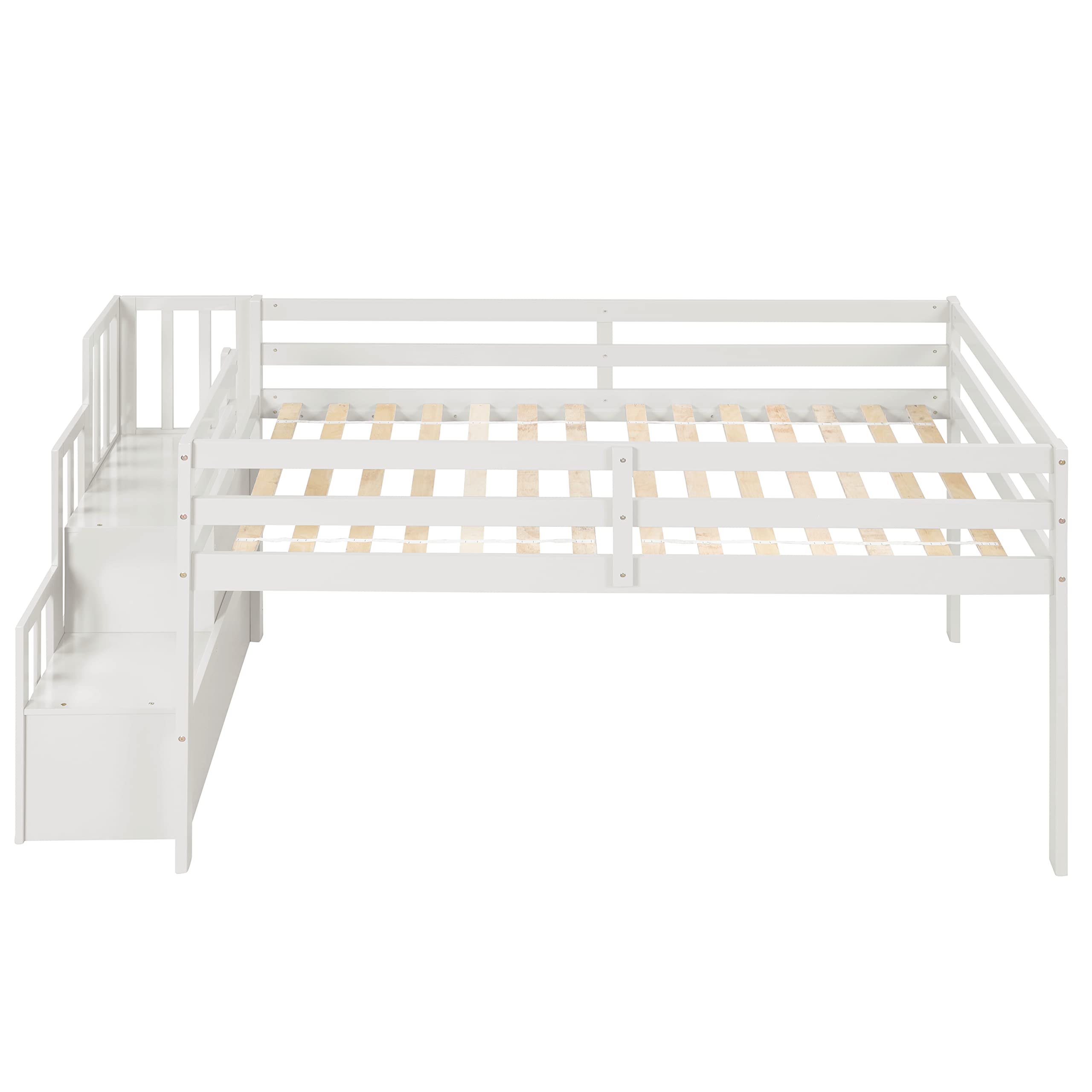 Twin Size Low Loft Bed with Stairs - Kids Wooden Loft Bed Frame with Storage Staircase for Boys & Girls - White - Perfect for Small Bedrooms, Dorm Rooms & Kids' Spaces
