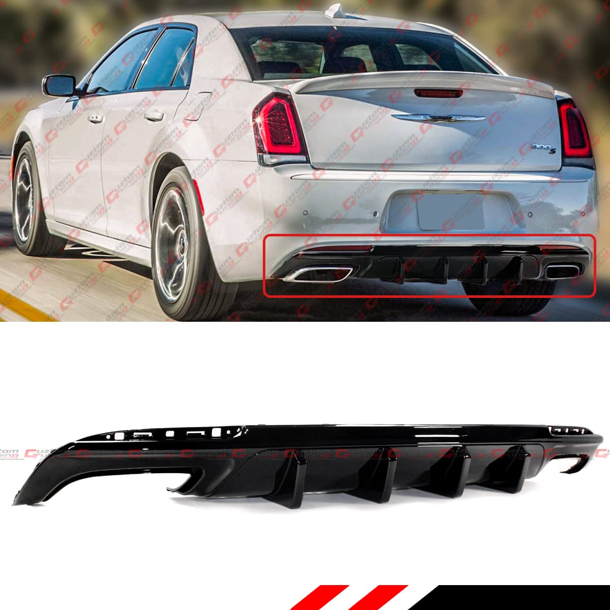 Gloss Black Shark Fin Rectangle Exhaust Rear Bumper Diffuser for 2015-2022 Chrysler 300 - Performance Upgrade & Stylish Enhancement for Street Racing & Car Shows