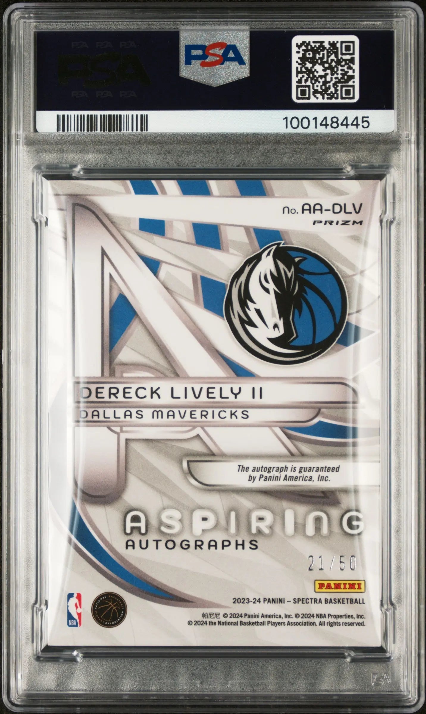 2023 Panini Spectra Aspiring Rookie Autographs Green Dereck Lively II PSA 9 /50 - Rare Basketball Trading Card for Collectors & Investors - Perfect for Sports Memorabilia Displays & Investment Portfolios