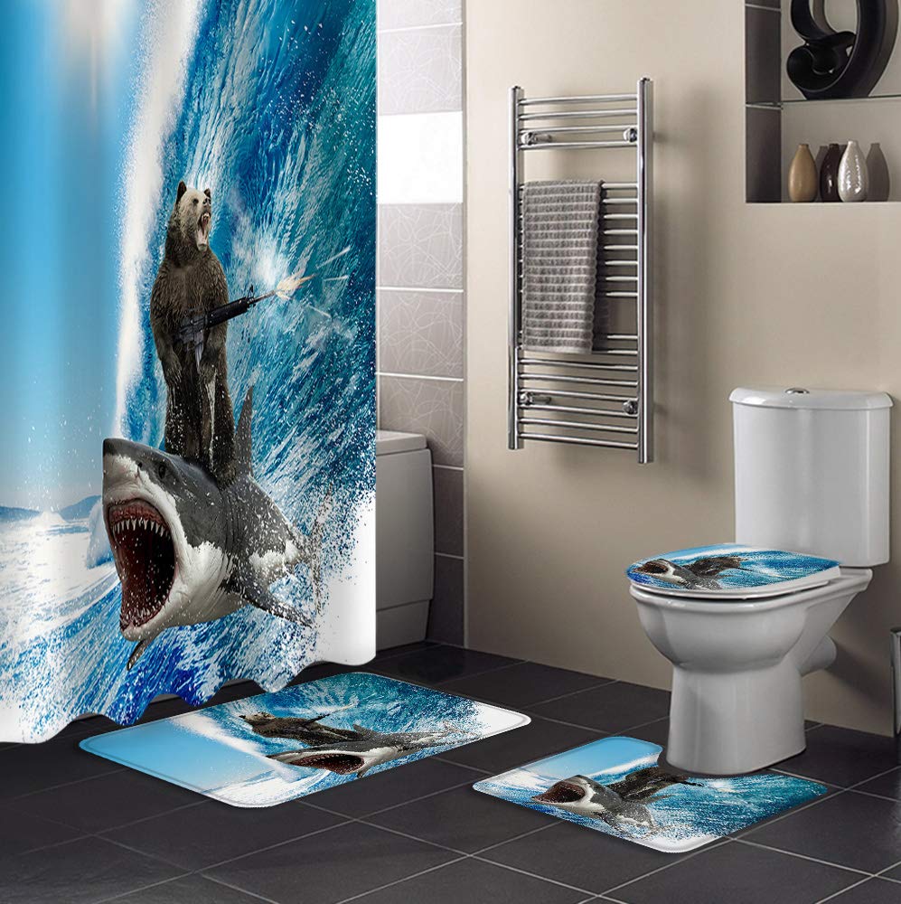 4-Piece Bathroom Rug Set with Shark Surfing Ocean Wave Shower Curtain - Non-Slip Bath Mat, Toilet Lid Cover & Hooks - Bear with Machine Gun Design - 66