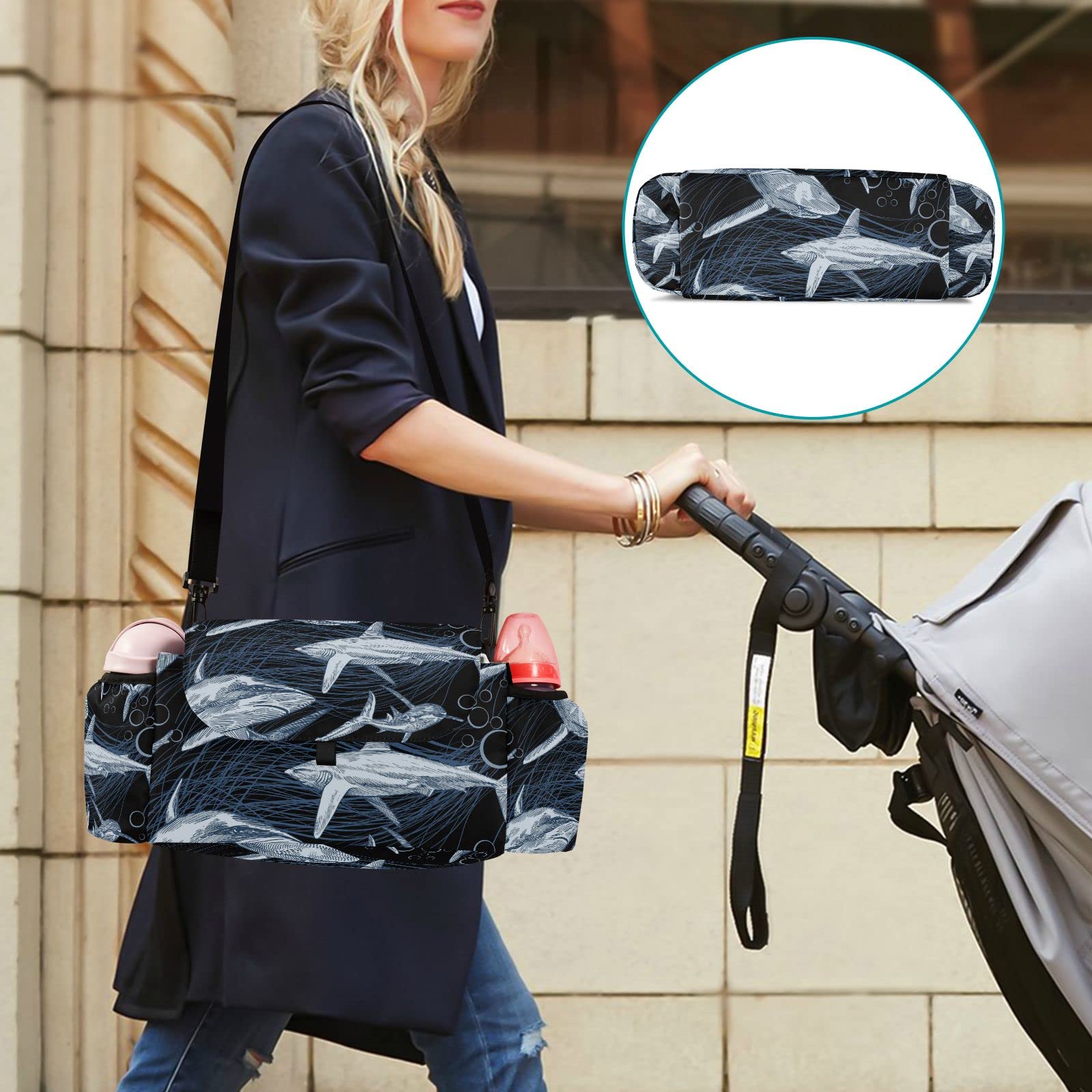 Shark Stroller Organizer with Cup Holders & Zipped Pockets - for Diapers, Bottles & Toys - Perfect for Beach & Park Outings