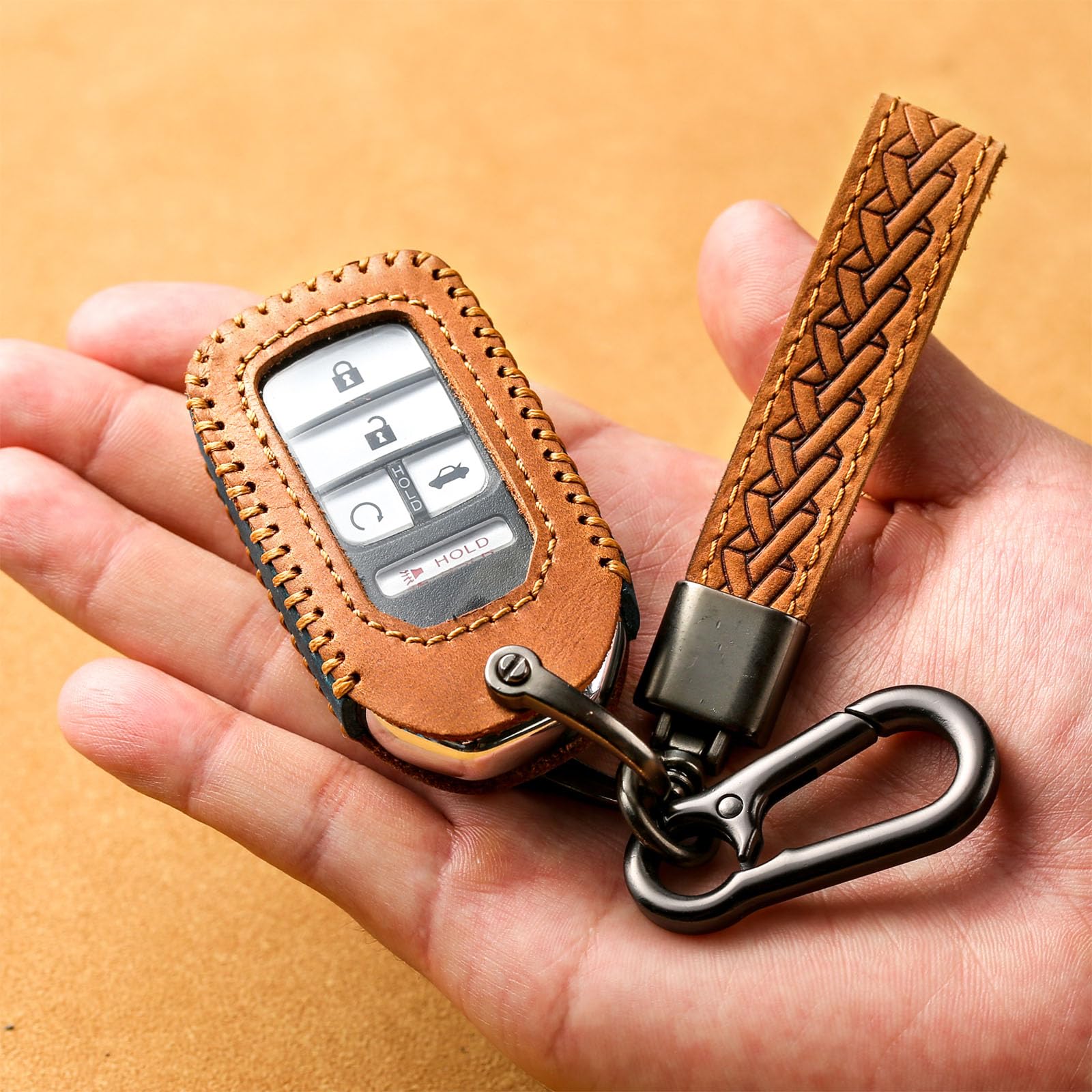 Genuine Leather Key Fob Cover for Honda Accord Civic CRV HRV Passport Pilot Odyssey Ridgeline Insight - Premium Key Case with Keychain (Brown) | Car Accessories for Protection & Style