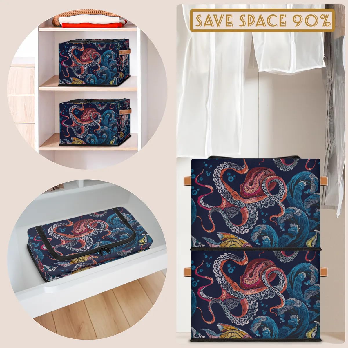 2-Pack Stackable Underbed Storage Bins with Zipper Lid & Metal Frame - Octopus Design PU Handled Closet Organizer for Clothes, Toys & Seasonal Items | Perfect for Bedroom, Dorm & Small Space Organization