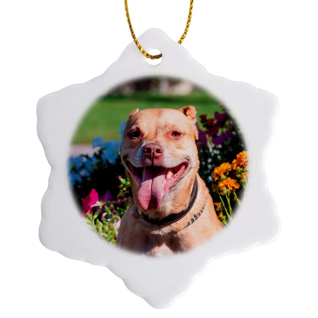 3D Rose Pit Bull Dog in Flowers Snowflake Christmas Ornament - 3 Inch Holiday Decor for Tree, Gift, Home, and Party Decoration
