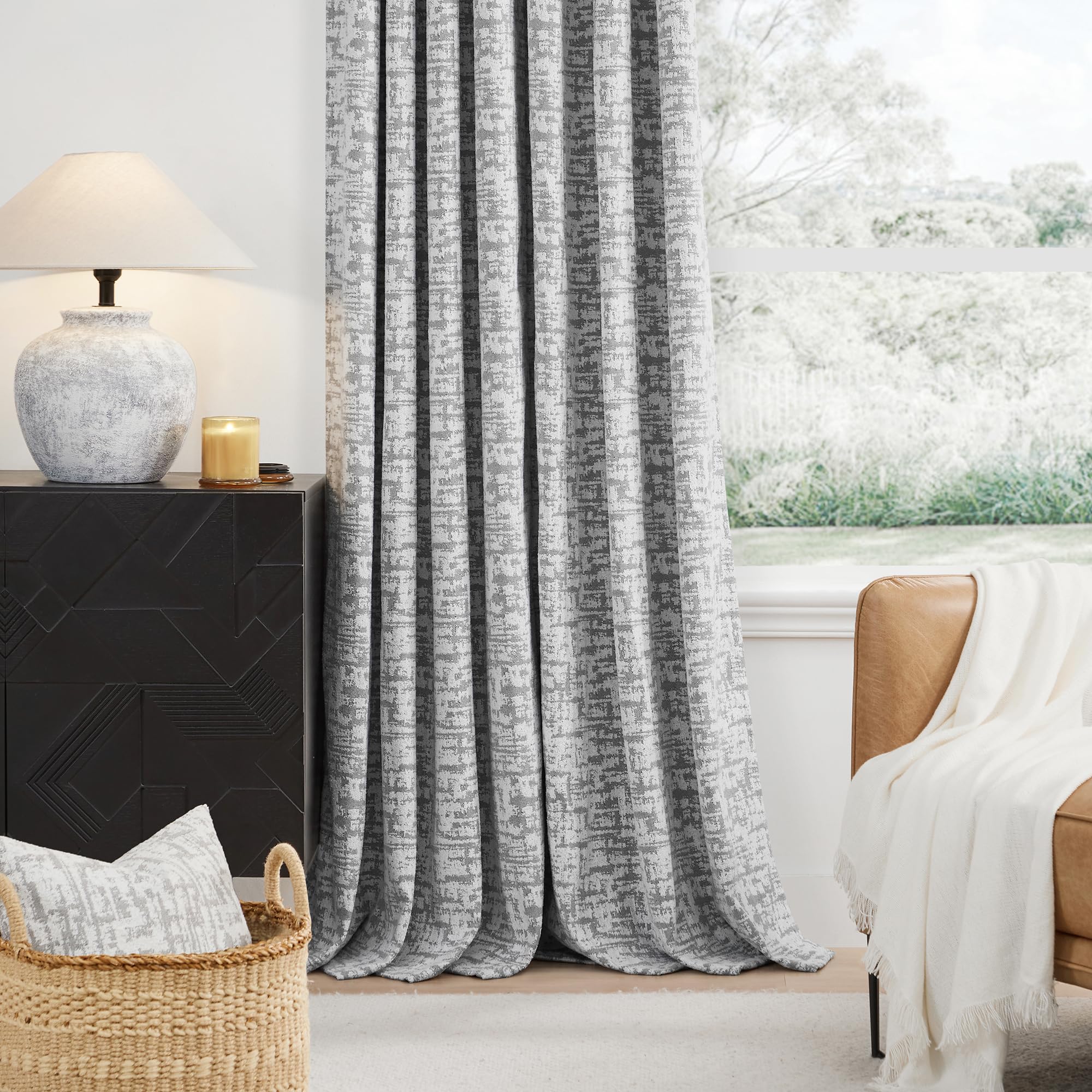 GIGIZAZA Modern Grey Velvet Jacquard Chenille Curtains - 63 Inch Long Semi Blackout Drapes for Living Room & Bedroom - 2 Panels Set, Home Decor Window Treatments for Cozy & Stylish Interior Design