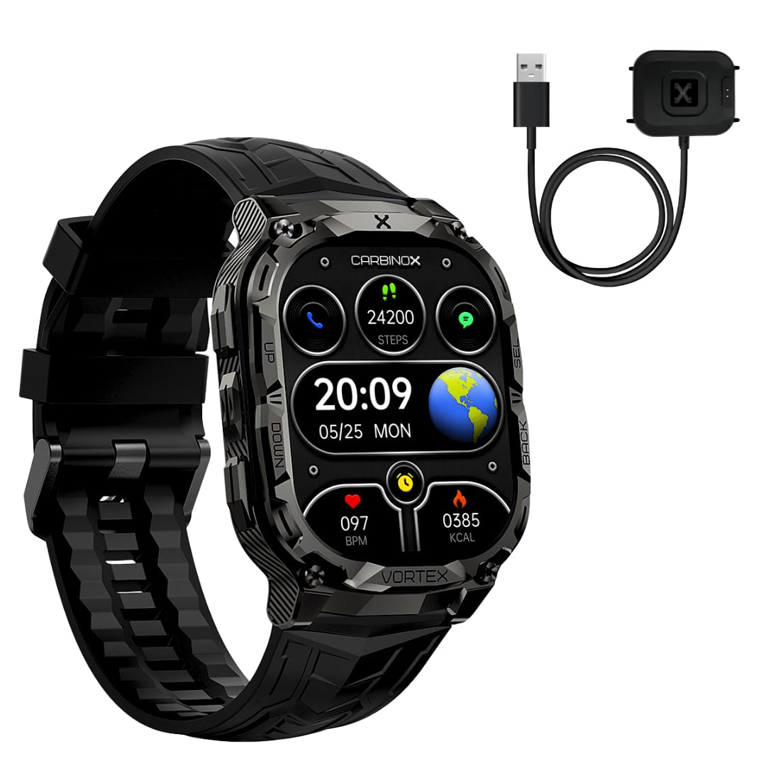 CARBINOX Vortex Smart Watch with Charger - Rugged IP69K Waterproof Fitness Tracker for Android & iOS, 14-Day Battery Life, Military-Grade Durability - Perfect for Outdoor Sports, Hiking, and Daily Fitness Tracking
