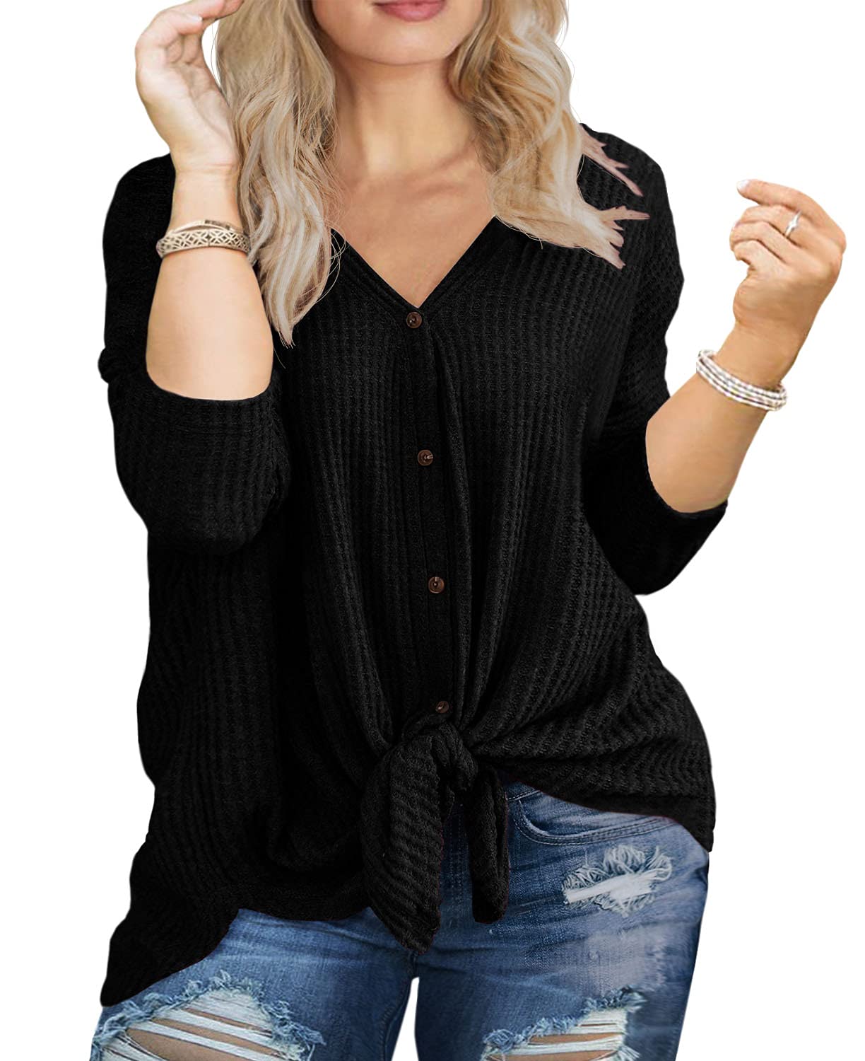 OLRIK Women's Plus Size V-Neck Tie Front Blouse - Long Sleeve Waffle Knit Tunic Top for Casual & Office Wear | Comfortable Button-Up Shirt for Work & Everyday Outfits