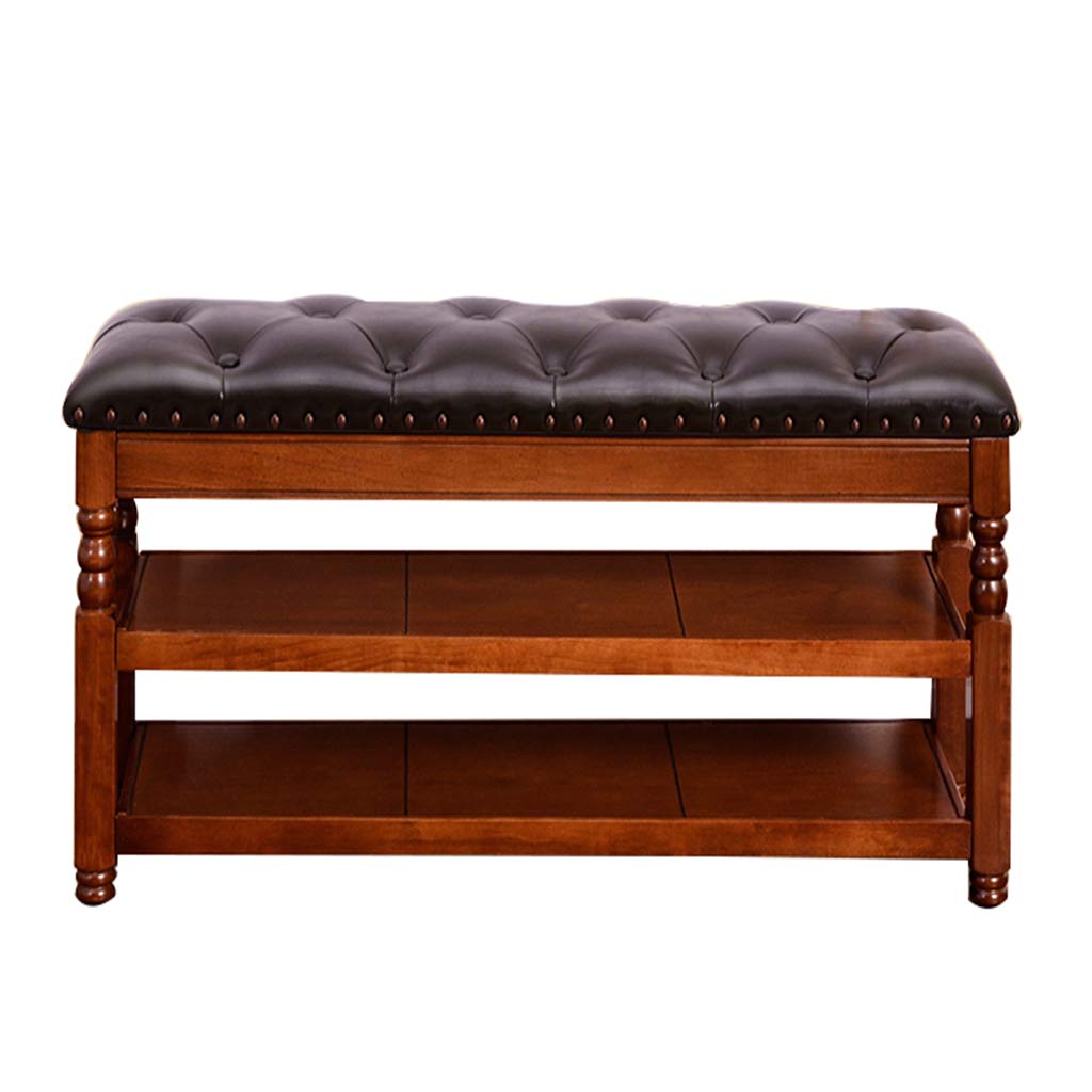 Solid Wood Shoe Bench with Genuine Leather Cushioned Seat & Storage Drawer - Entryway Stool for Hallway, Bedroom, or Mudroom Organization (1003049, Style B)