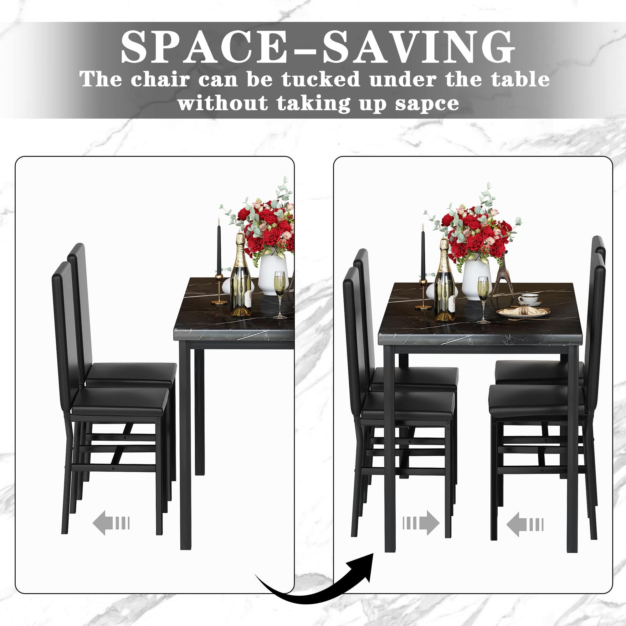 Modern 5-Piece Dining Table Set for 4 - Faux Marble Table & 4 PU Leather Chairs - Space-Saving Kitchen/Dining Room Set for Small Spaces, Apartments, Dinettes - Perfect for Family Meals, Dinner Parties & Compact Living (Black)