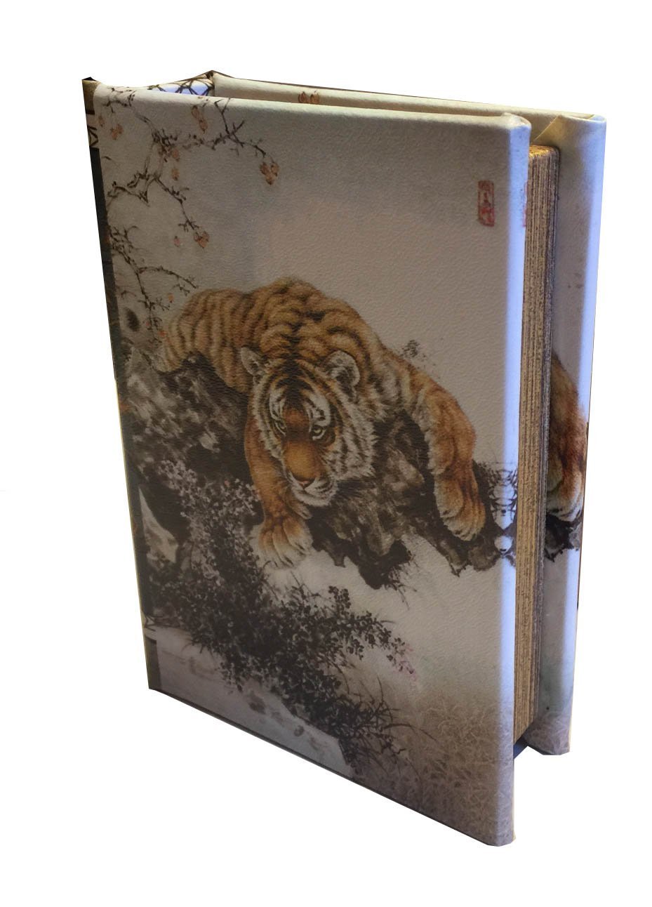 Japanese Tiger & Cherry Blossom Secret Storage Book Box - Faux Leather Wooden Stash Box for Jewelry, Cash & Valuables - Perfect for Home Decor & Gift Giving