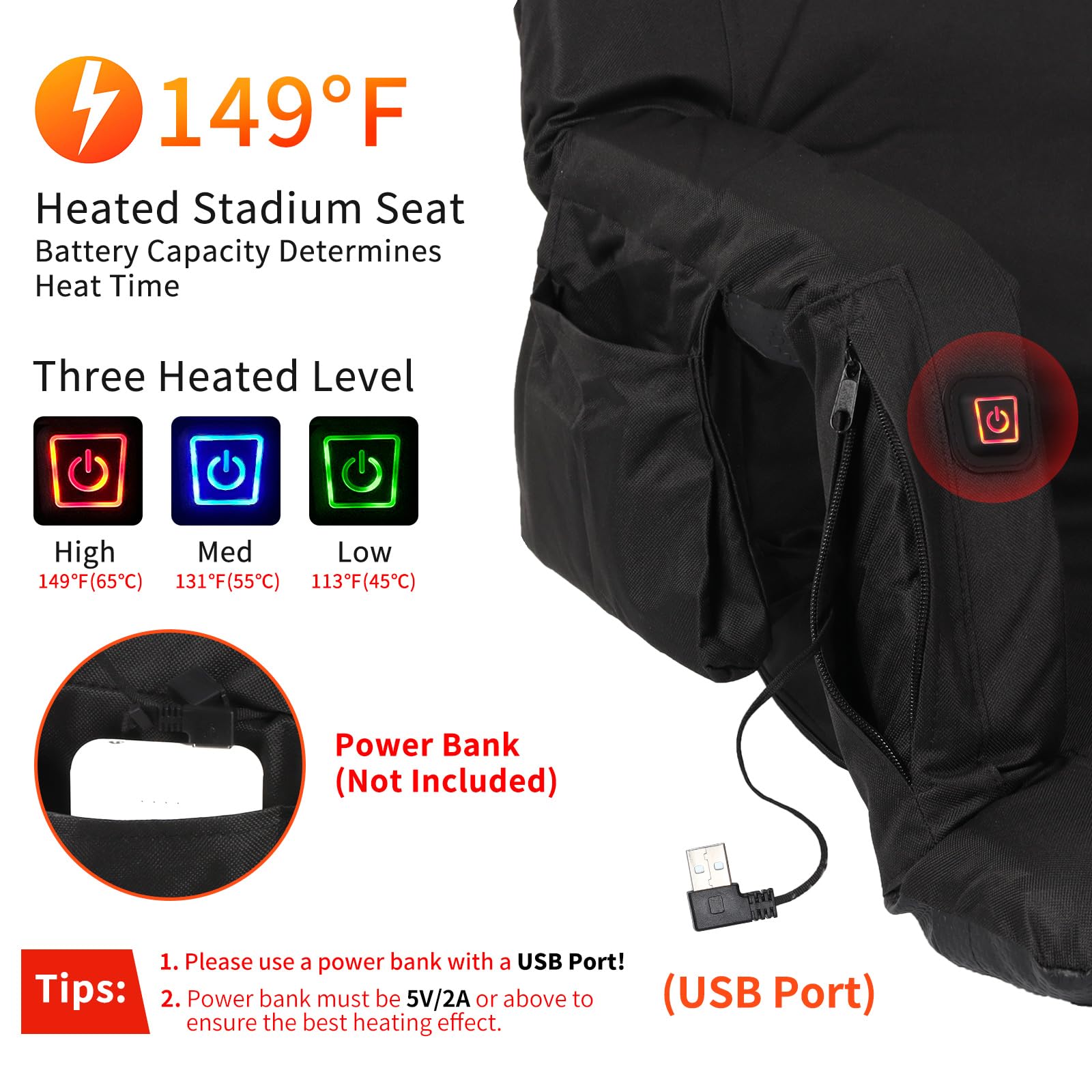 Heated Stadium Seat with Back Support - 3-Level USB Heating, Extra Wide & Portable Bleacher Chair for Outdoor Sports - 6 Reclining Positions (2-Pack) - Perfect for Football Games, Soccer Matches & Cold Weather Events