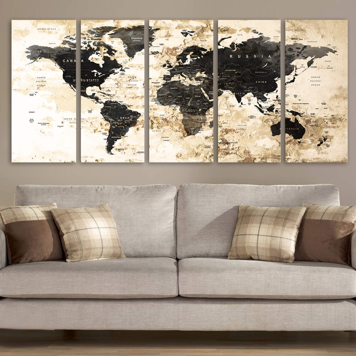 BoxColors Xlarge 30x70 Inch 5-Panel World Map Canvas Print - Framed Watercolor Travel Wall Art with Push Pins (Black & Beige, 1.5