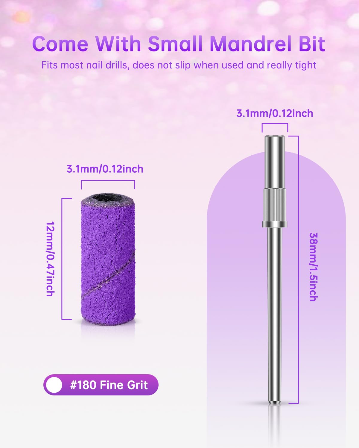 YBLNTEK 80 Pcs 180 Grit Nail Sanding Bands for Drill - 3.1mm Mandrel Bit, Fine Grit Sanding Bands for Acrylic & Gel Nails Removal - Professional & Home Nail Care (Purple) - Perfect for Nail Salons, DIY Manicures & At-Home Nail Art