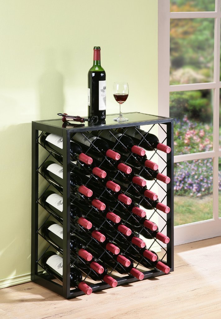 Premium 32-Bottle Mango Wood Wine Rack with Tempered Glass Top Shelf - Freestanding Wine Storage for Home, Kitchen, Bar & Dining Room - Perfect for Wine Cellars, Entertaining & Displaying Your Collection
