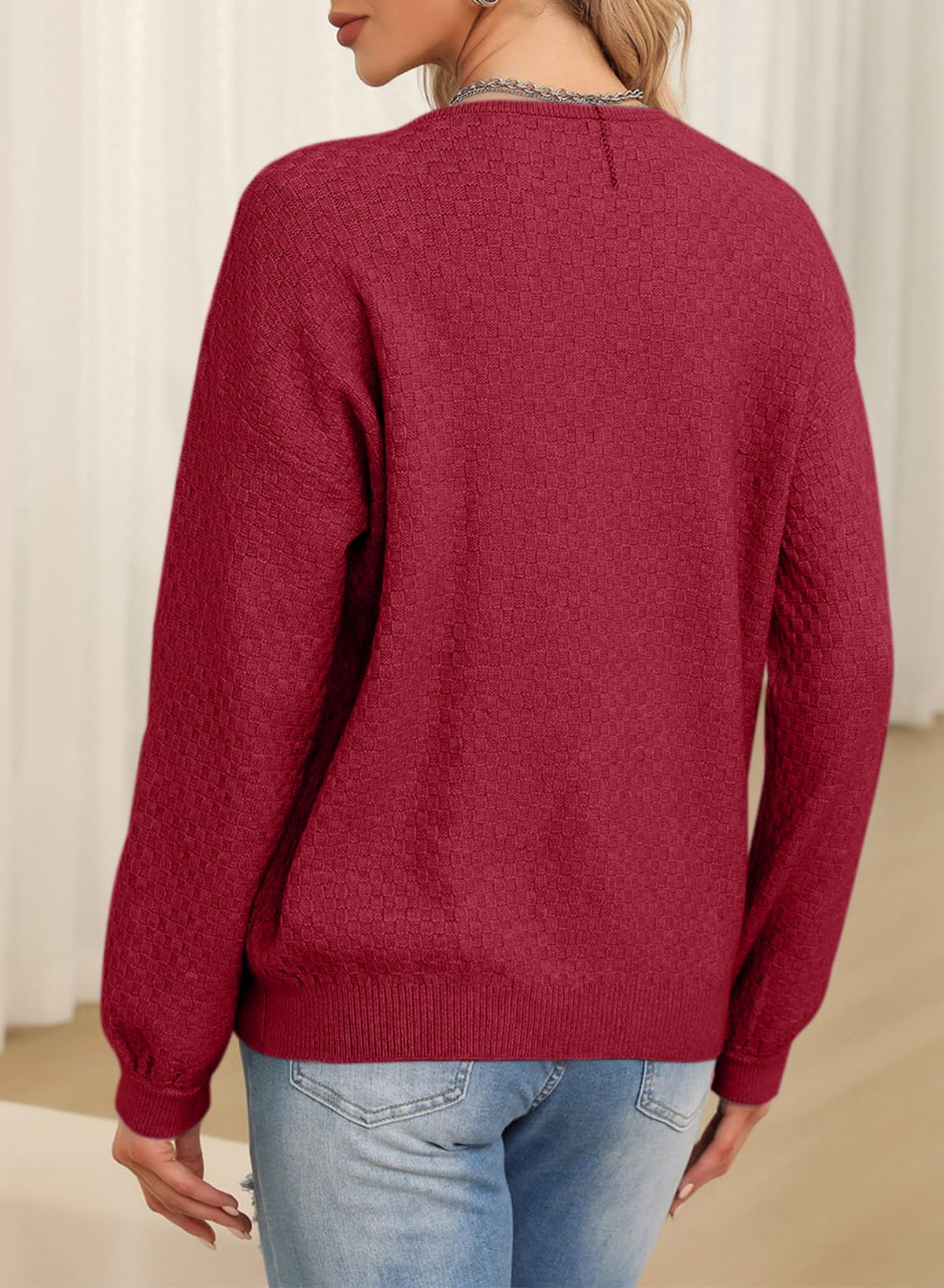 EVALESS Women's Long Sleeve V-Neck Waffle Knit Sweater - Loose Pullover Jumper for Fall 2024 | Casual Outfits, Office Wear & Autumn Layering