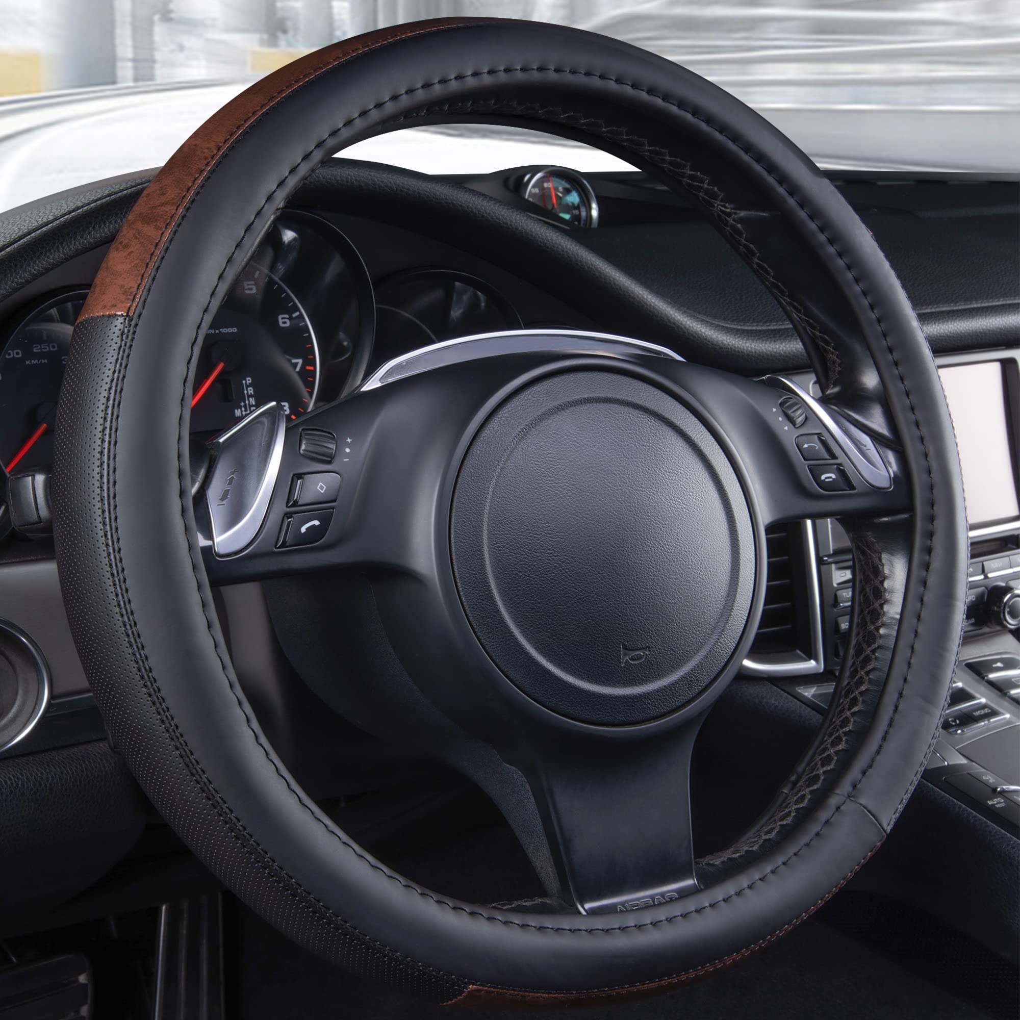 Premium Black Leather Steering Wheel Cover with Wood Grain Design - Universal Fit for 14.5
