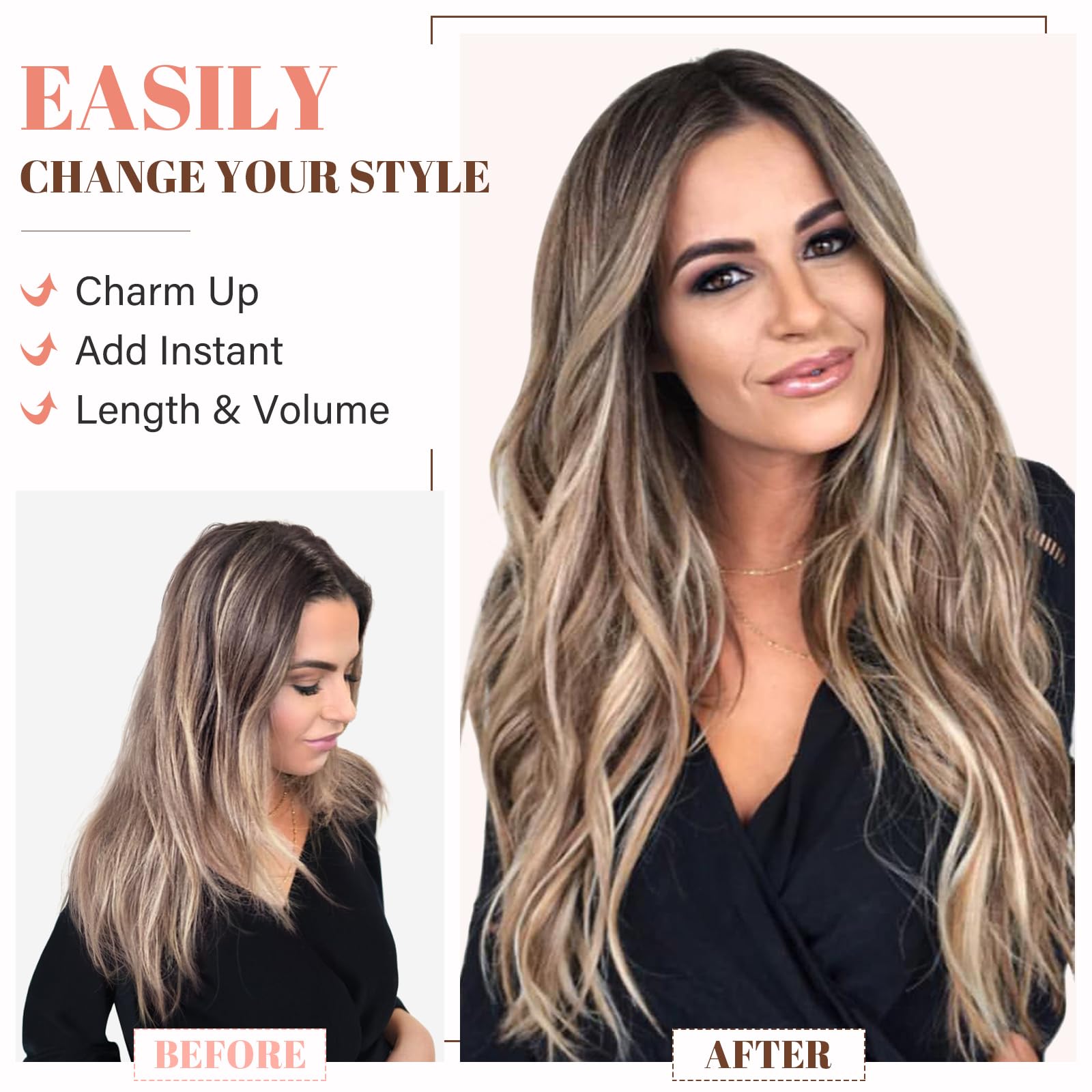 100% Human Hair Extensions - Invisible Wire In Hair Piece with Transparent Rubber Band & 2 Clips - Long Silky Straight Brown 22