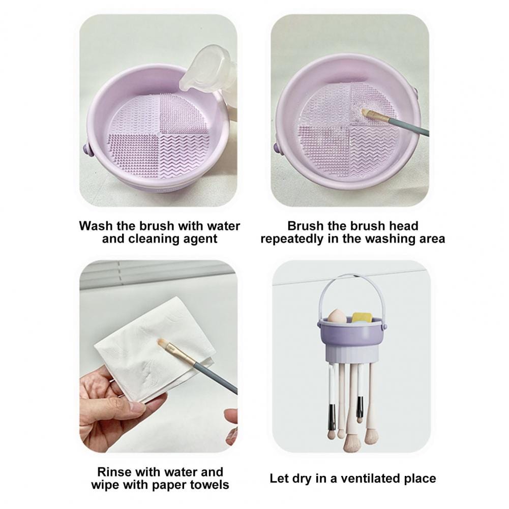 3 in 1 Makeup Brush Cleaner Set - Silicone Cleaning Sponge & Drying Rack for Cosmetics Brushes (Light Purple) | Perfect for Salon, Home & Travel Makeup Organization