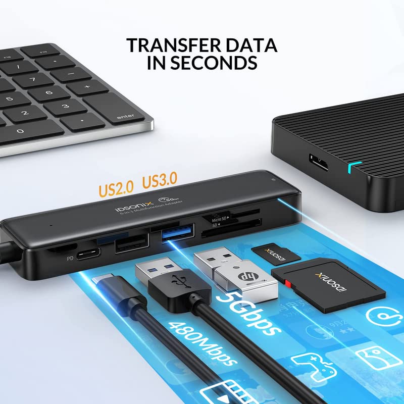 iDsonix 6-in-1 USB C Hub with 4K HDMI, 55W PD, USB 3.0 Ports - Compatible with MacBook Pro/Air, Surface Pro, Flash Drives & External HDD - Perfect for Home Office, Travel & Multi-Screen Workstations