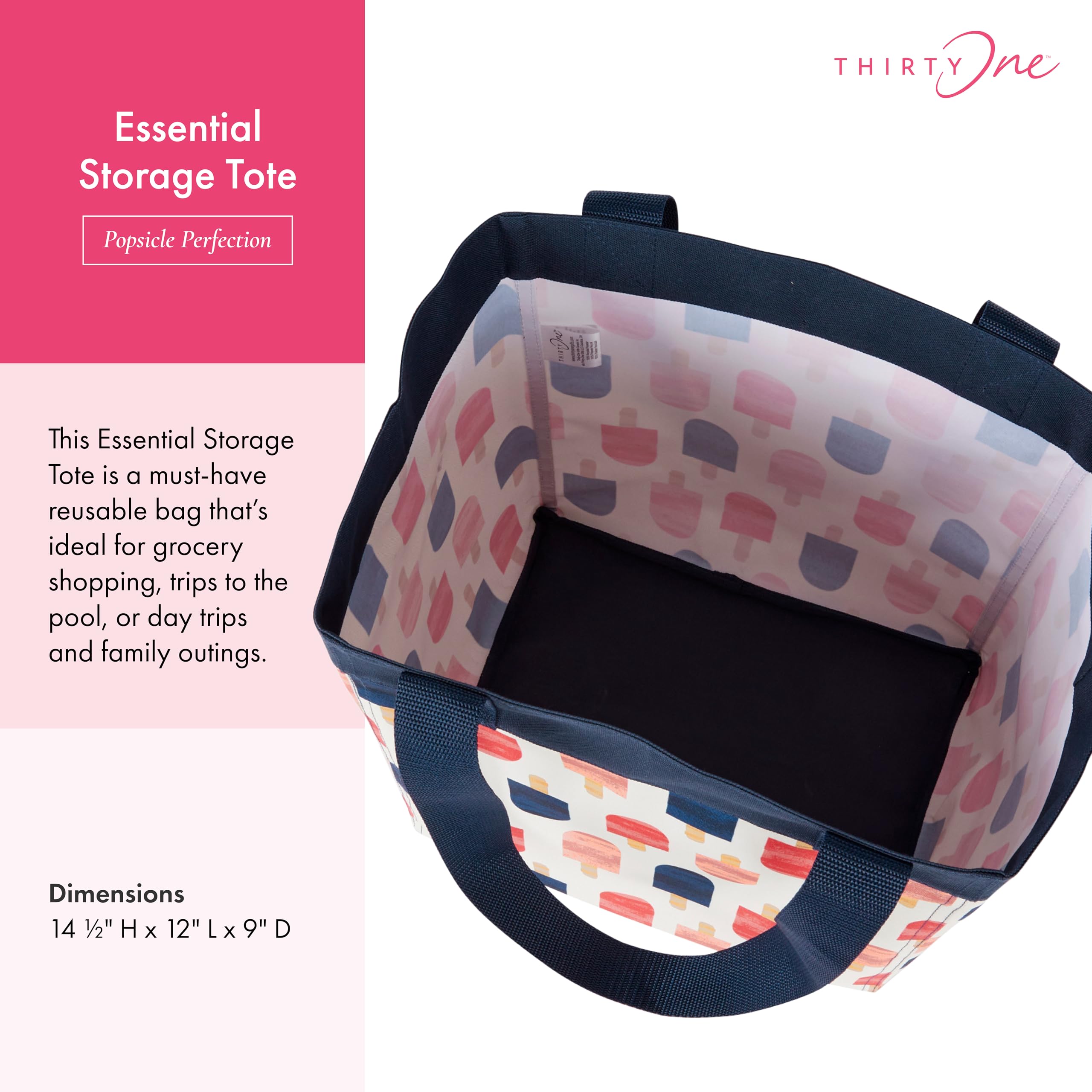 THIRTY-ONE Gifts Essential Storage Tote Bag - Large Reusable Grocery Shopping Tote for Travel, Beach, Work & Home Organization | Durable Multi-Purpose Carryall Bag