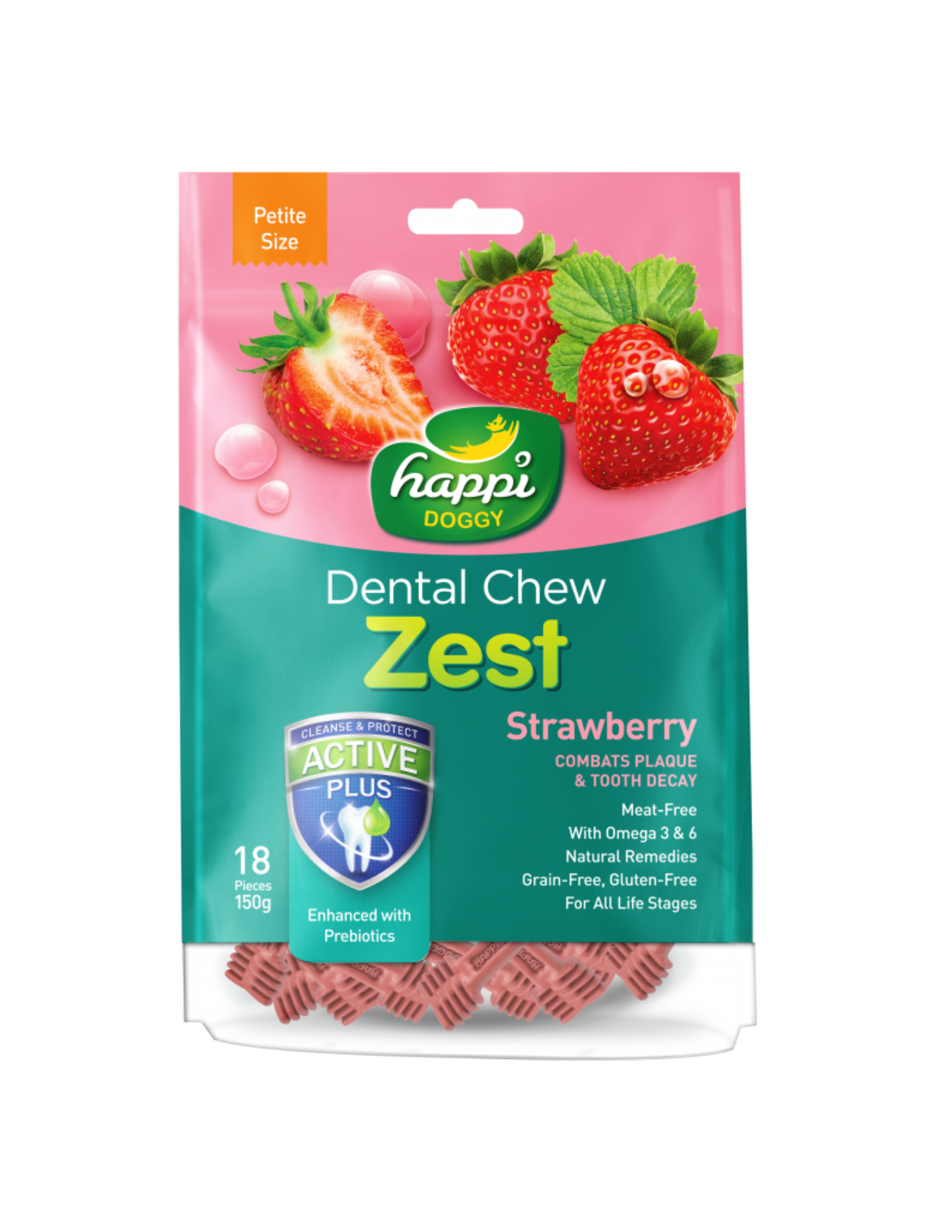 Happi Doggy Dental Chew Zest Petite Strawberry Flavor 150g - Natural Dog Teeth Cleaning Treats for Small Dogs, Freshens Breath & Reduces Plaque - Perfect for Daily Oral Care & Training Rewards