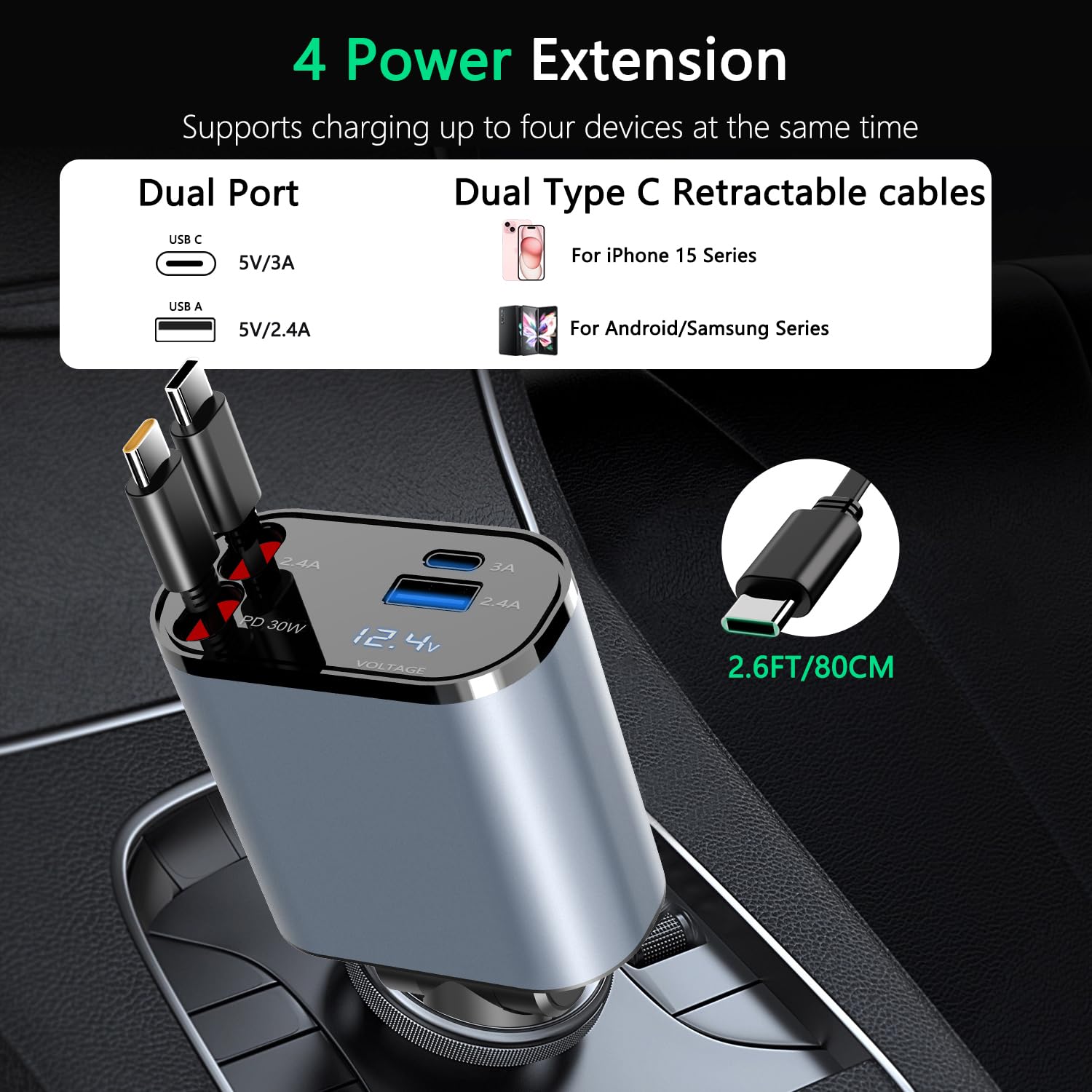 Paiholy 4-in-1 Retractable Car Charger 100W Fast Charging with Dual Type-C & 2 USB Ports - Compatible with iPhone 16/15/14 Pro Max, Galaxy S24/S23, Google Pixel - Perfect for Road Trips, Commuting & Multi-Device Charging in Your Vehicle