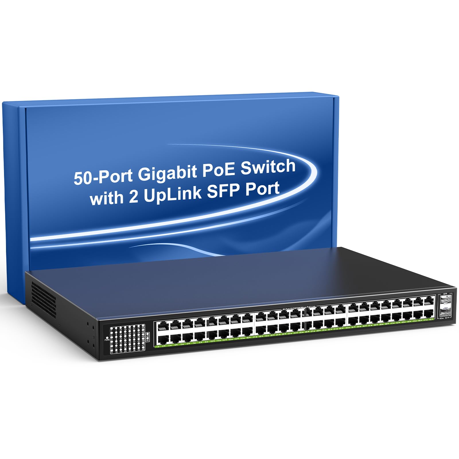 48-Port Gigabit PoE Switch with 2x 1000Mbps SFP Uplink Ports | 50-Port Ethernet Switch Supports IEEE802.3af/at | 100Gbps Switch Capacity | 400W Power | Plug & Play | Rack-Mountable for Office Network, Security Camera System & Smart Home Setup