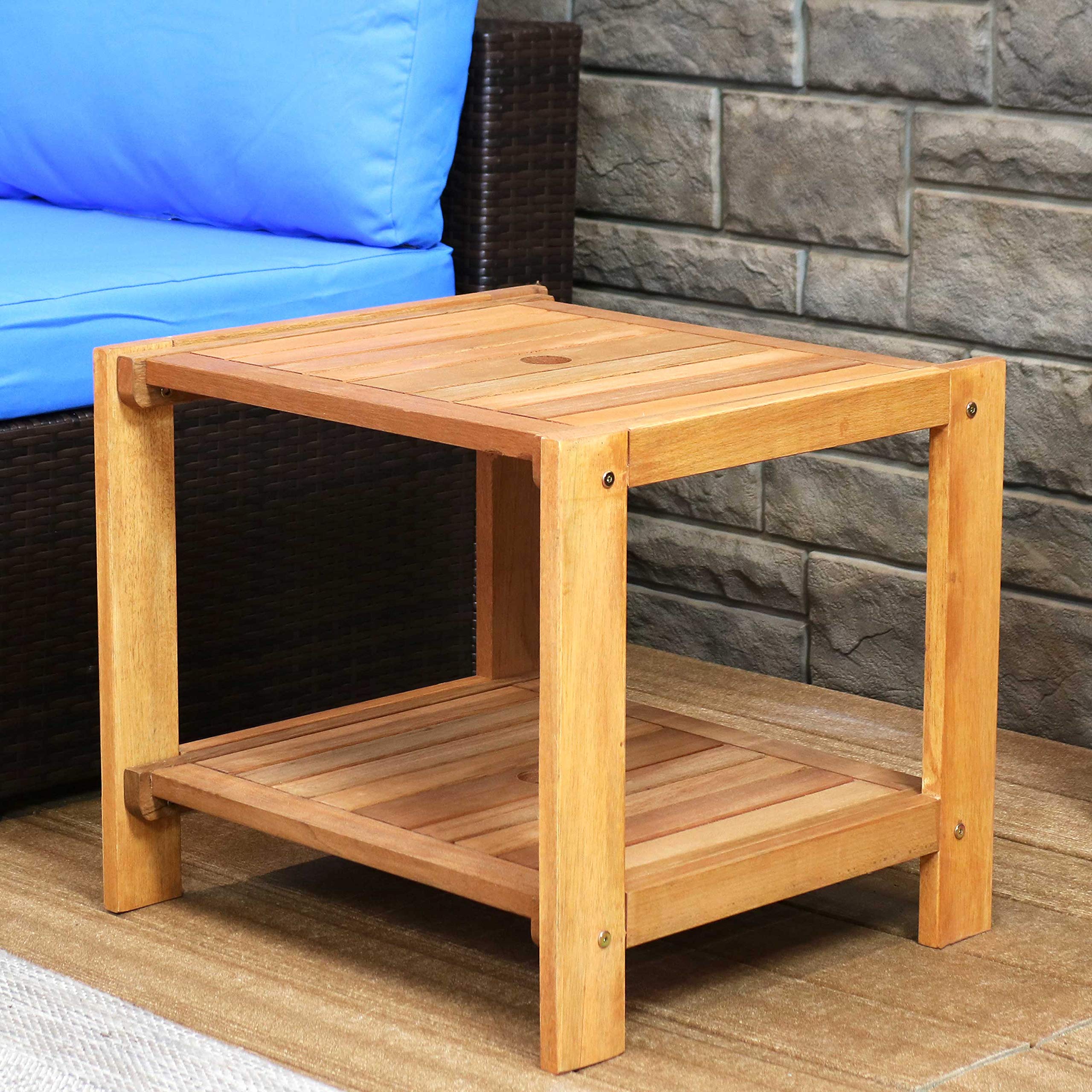 35-Inch Meranti Wood Outdoor Coffee Table & 20-Inch Side Table Set with Teak Oil Finish - Weather-Resistant Patio Furniture for Garden, Poolside & Backyard Relaxation