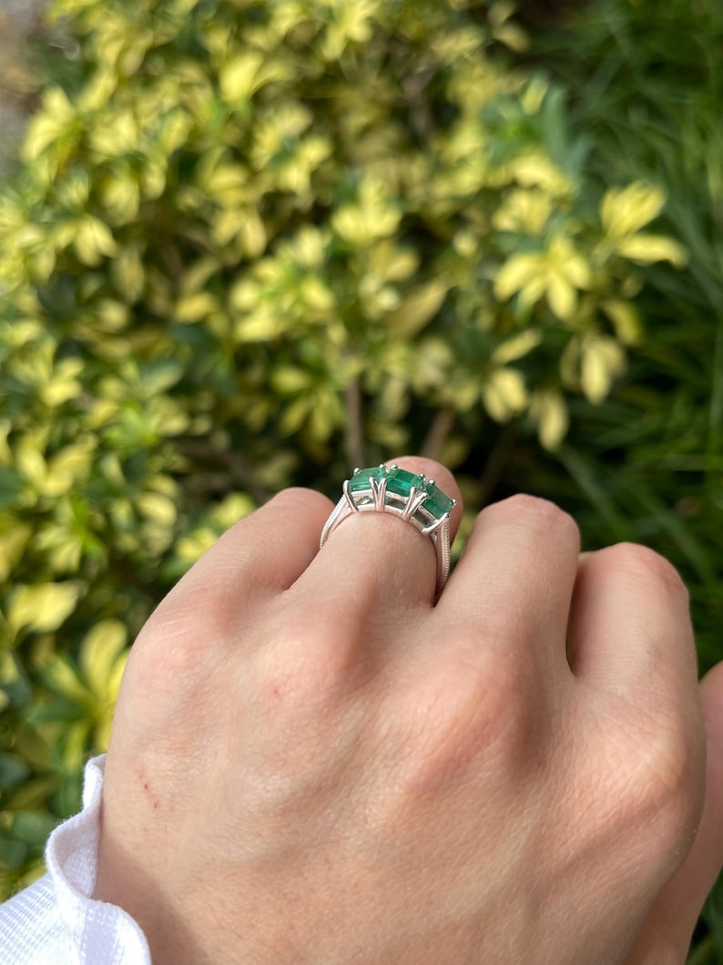 3.25tcw Medium Dark Green Emerald Trilogy Stone Ring in 14K White Gold for Women - Elegant Jewelry Gift for Engagement, Wedding & Special Occasions