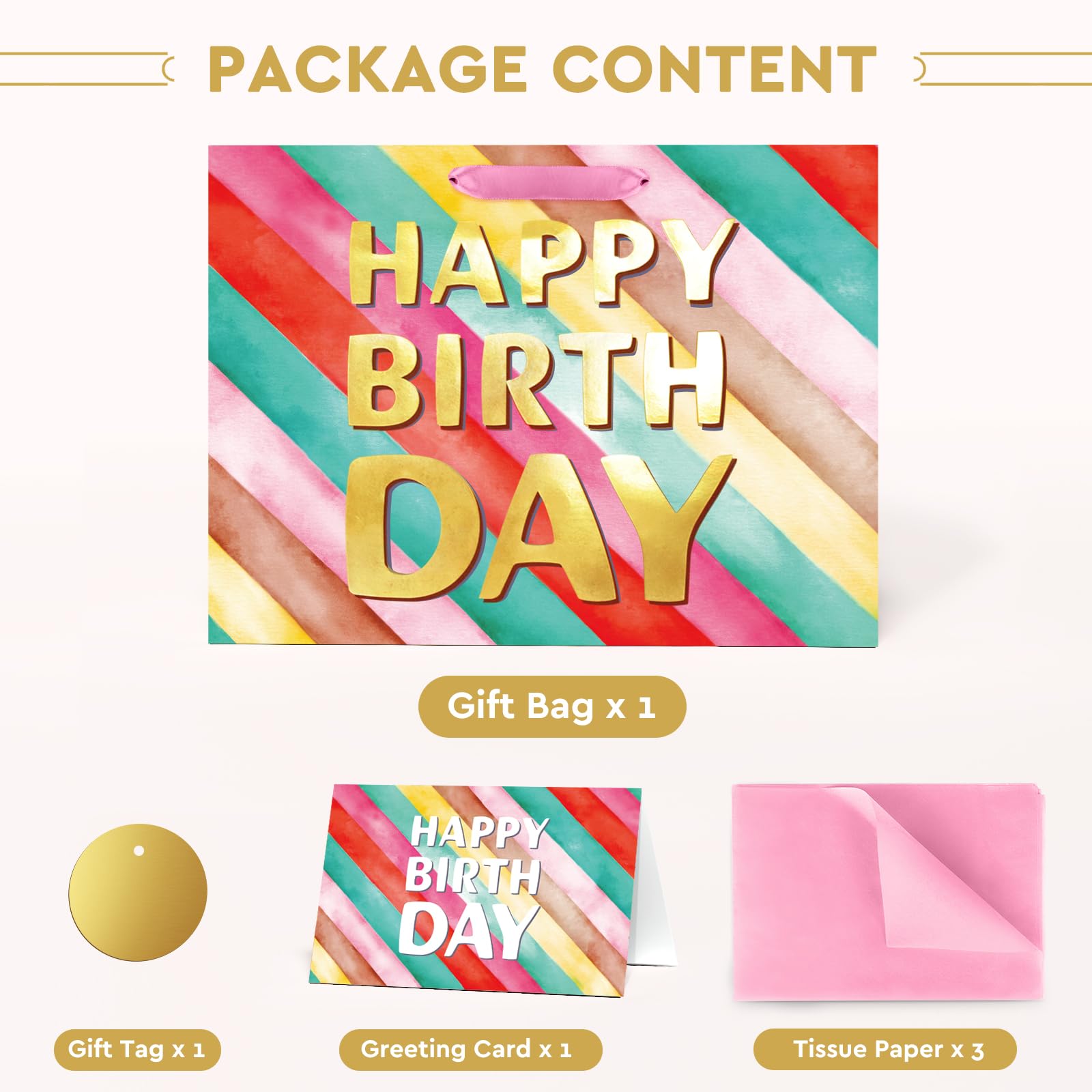 BGTCARDS Reusable Birthday Gift Bags with Tissue Paper & Greeting Card - 13x10x5 Inch Party Favor Bags with Handles for Presents, Birthdays, Baby Showers & Special Occasions | Perfect for Gift Wrapping, Party Decorations & Thoughtful Surprises