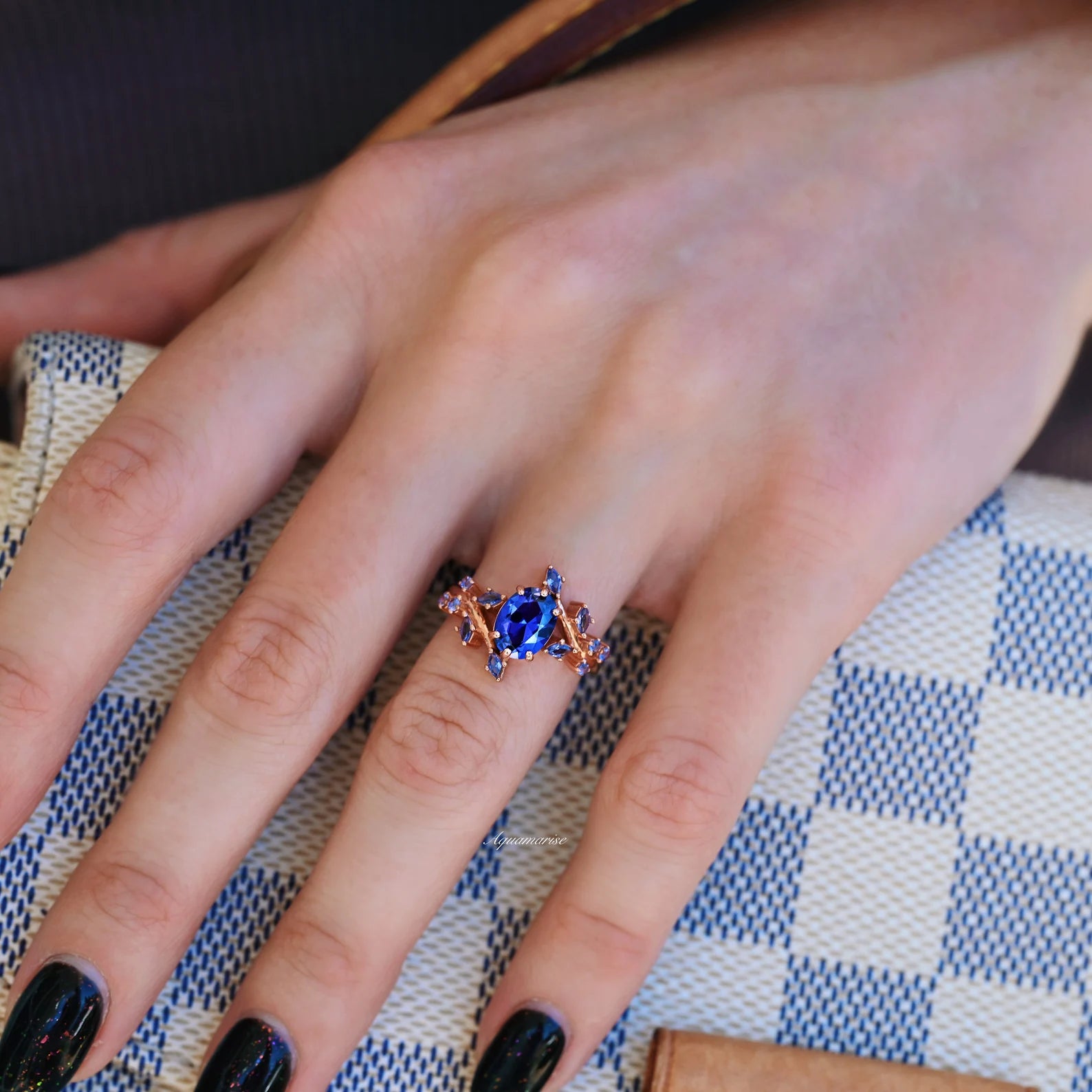 Orion Nebula & Cornflower Sapphire Leaf Couples Ring - Matching Wedding Bands, Celestial Inspired Jewelry for Anniversaries & Romantic Gifts