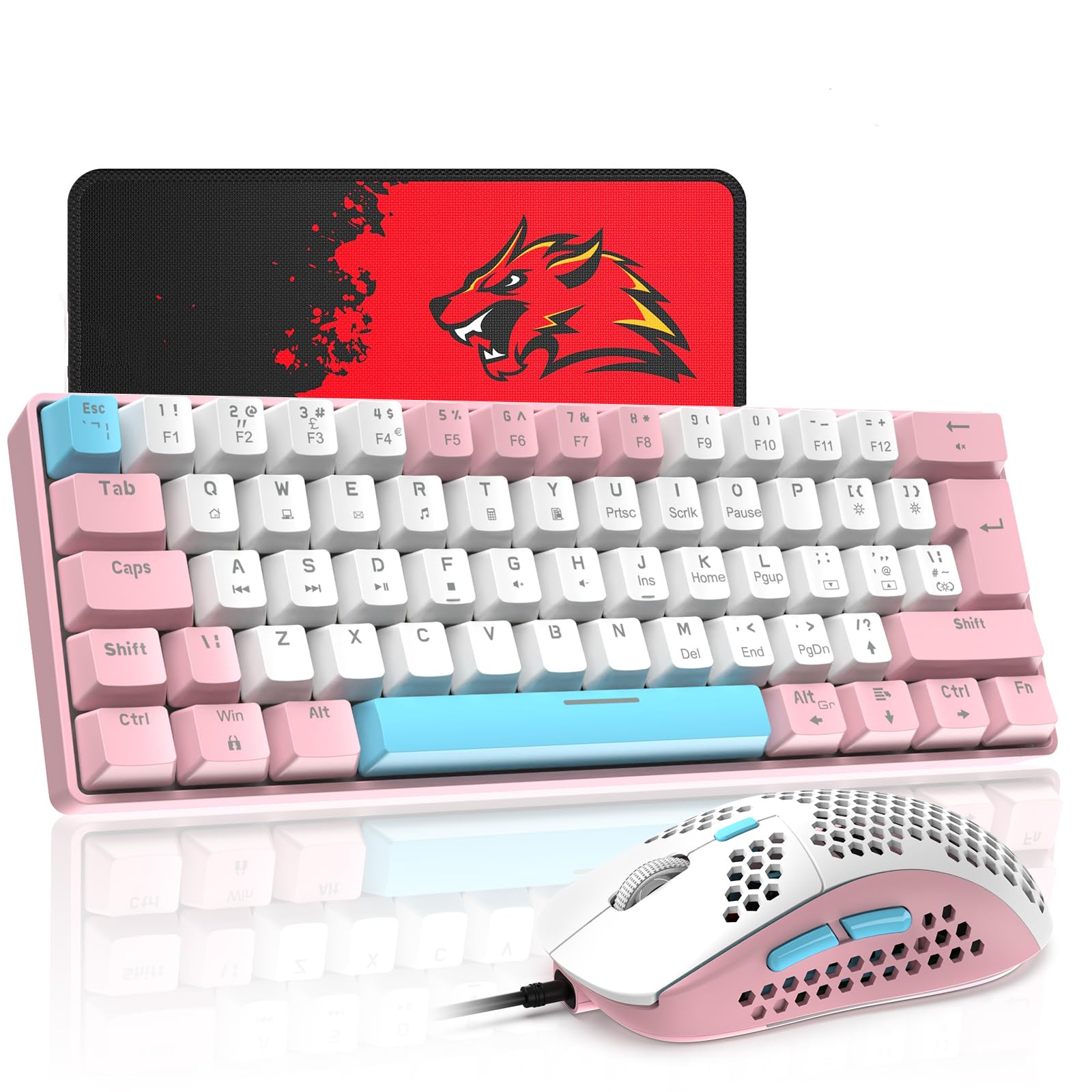 T60 UK Layout 60% Mechanical Keyboard and Mouse Combo - Compact 62-Key Wired Gaming Keyboard with 19-Color Rainbow Backlit, 6400DPI RGB Ultra-Light Gaming Mouse & Mouse Pad - Pink/Blue Switch for PC, Laptop, MAC - Perfect for Gaming, Office Work & Typing Enthusiasts