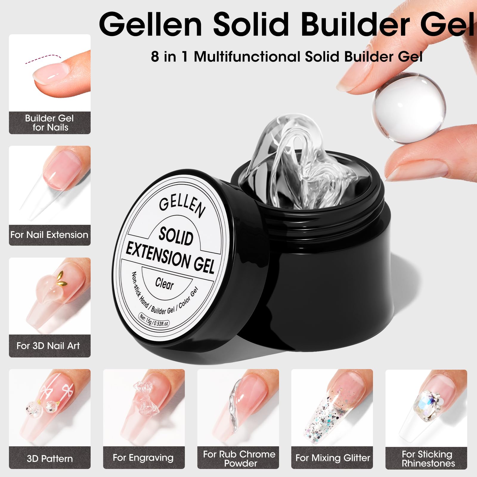 Gellen Solid Builder Gel for Nails - UV/LED Cured 3D Sculpting Gel for Nail Art & Extensions - Professional Multifunctional Nail Molding Gel - Perfect for Salon, DIY Manicures & Nail Art Designs
