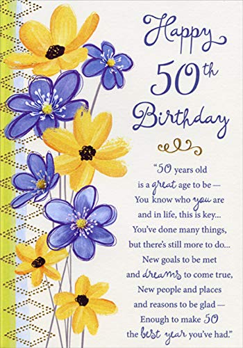 Elegant Gold Foil Diamond Pattern 50th Birthday Card with Purple & Yellow Floral Design - Perfect for Milestone Celebrations & Gift Giving