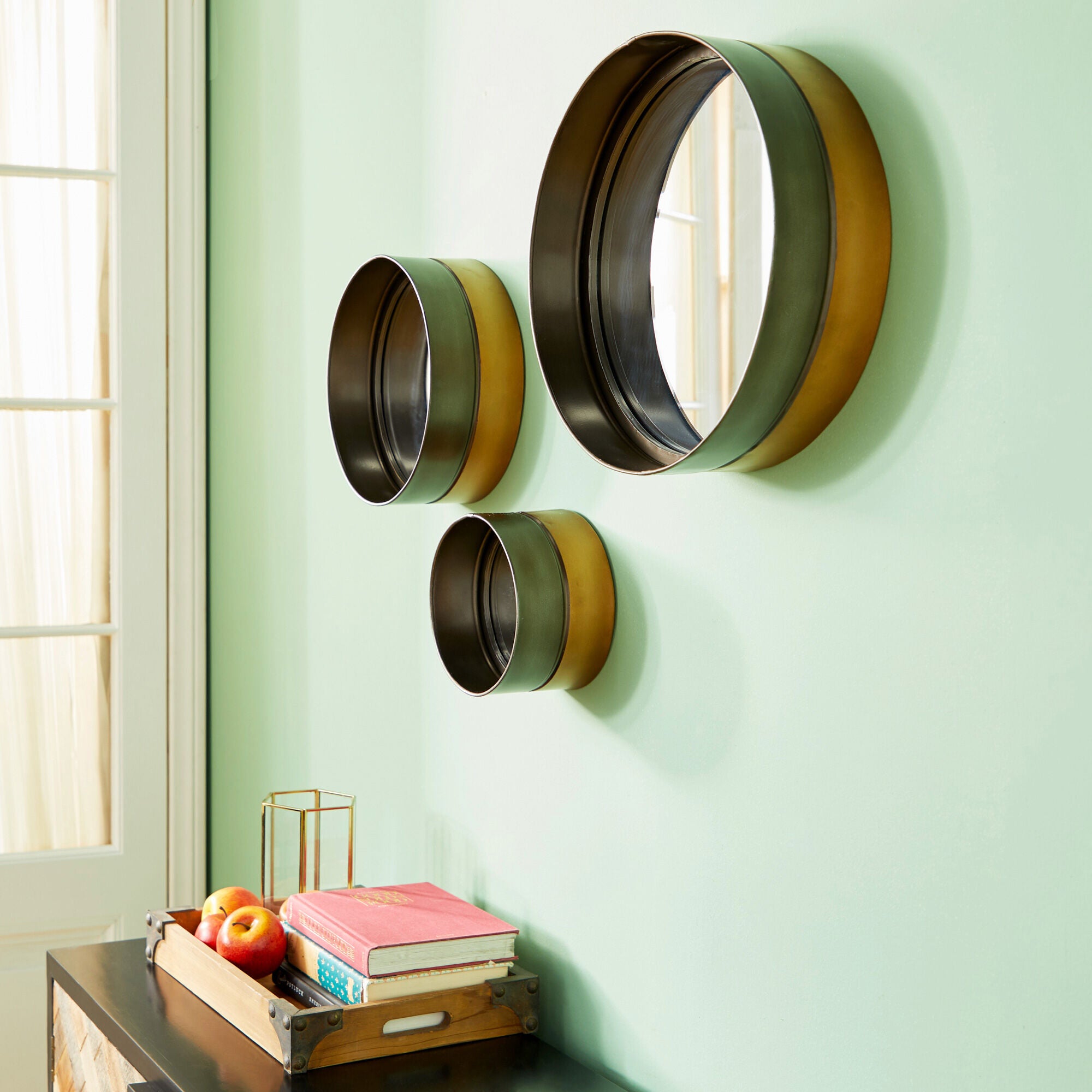 3-Piece Barrel Wall Mirror Set - Round Decorative Mirrors for Living Room, Bedroom, or Bathroom - Rustic Home Decor Accent Wall Hanging