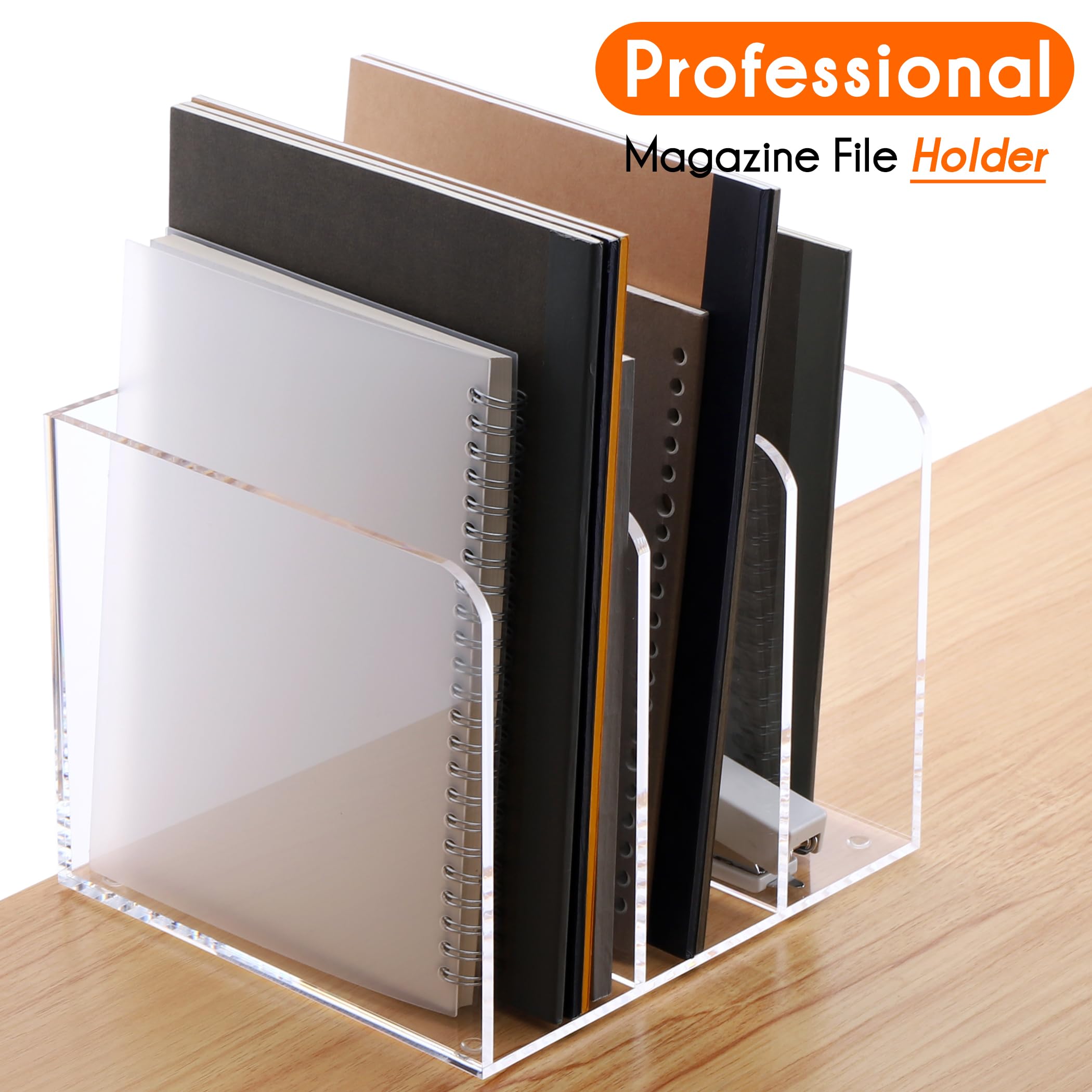 Clear Acrylic Magazine File Organizer for Desk - 3 Vertical Compartment Office Folder Holder for Home, School & Office - Perfect for Organizing Documents, Books & Stationery on Desks, Shelves & Workstations