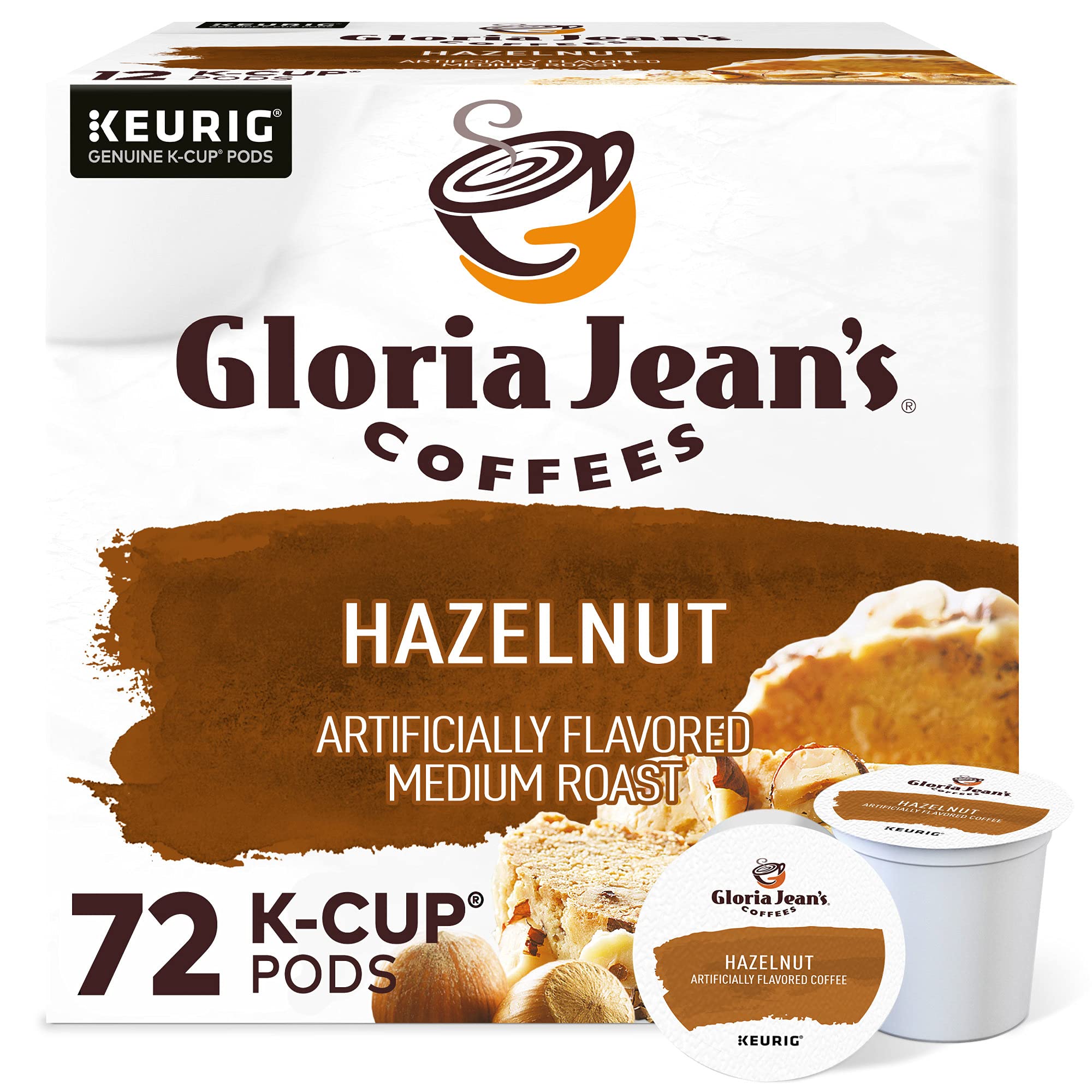 Gloria Jean's Hazelnut Flavored Medium Roast Coffee K-Cup Pods for Keurig - 72 Count Single-Serve Pack | Perfect for Office, Home & Morning Brew