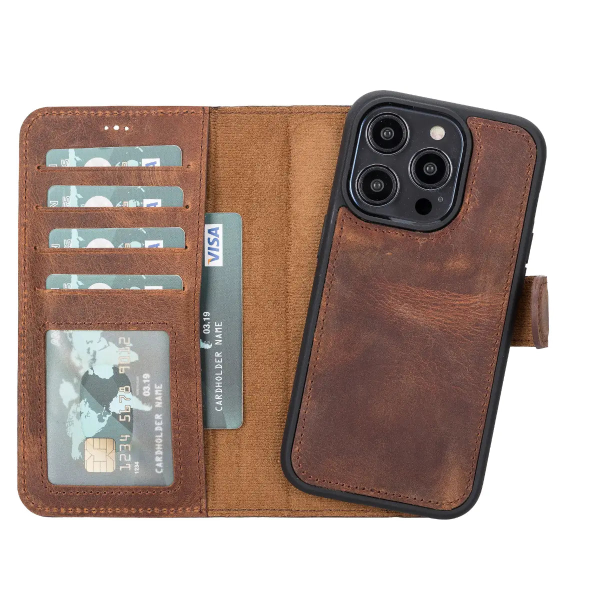 Distressed Brown Leather Wallet Case for iPhone 14 Pro - Slim Protective Cover with Card Holder | Perfect for Everyday Use, Travel & Business (iPhone 14 Pro)