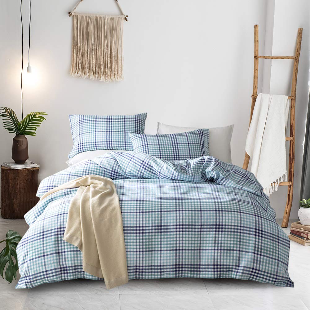 Premium 100% French Linen Duvet Cover Set - 3 Piece Bedding (Duvet Cover + 2 Pillow Shams) - Full/Queen Size - Blue & Green Checkered Pattern - Breathable & Soft for All Seasons - Perfect for Master Bedroom, Guest Room & Vacation Homes