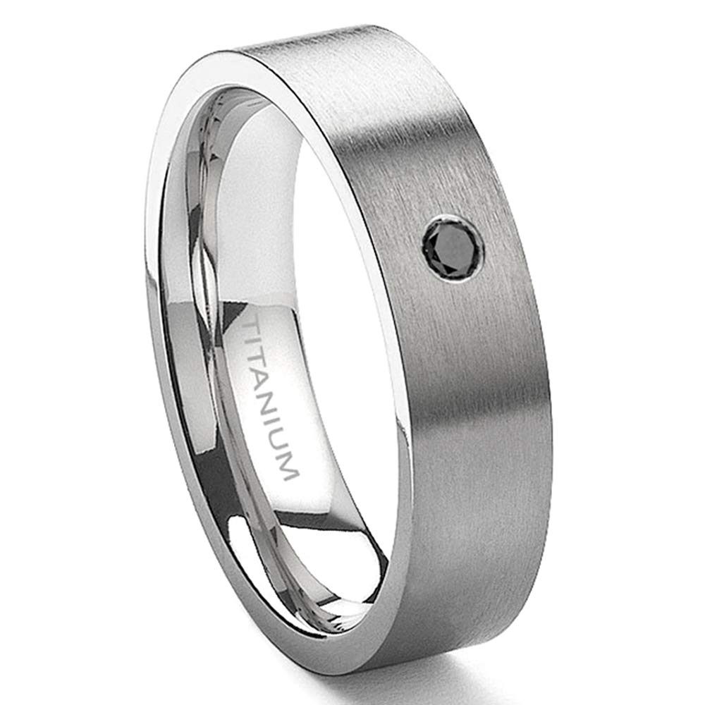 6mm Titanium Solitaire Black Diamond Wedding Band Ring for Men - Brushed Finish, Durable & Comfortable for Daily Wear, Anniversary & Engagement Gifts